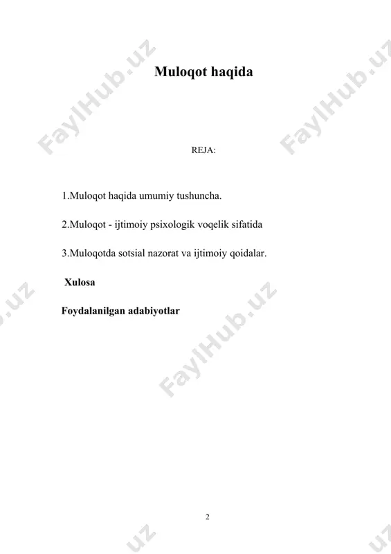 loqot jarayonida shakllanadi, shaxsning hayot yo’llari avval oilada, bog’cha, maktab, institut, ishxona, keksalar orasida, ya’ni guruh va jamoalarda rivojlanadi. bizning yuksak ma’naviy ehtiyojlarimizdan biri - bu muloqotga bo’lgan ehtiyojdir. muloqotga bo’lgan ehtiyoj qondirilmasa, o’smir ongi ham rivojlanmaydi. shuning uchun biz doimo o’smirning muloqotga bo’lgan ehtiyojlarini qondirishimiz lozim 1.muloqot haqida umumiy tushuncha. muloqot faqat insonlarga xos bo’lgan jarayondir. kishilarda faoliyat jarayonida bir - birlariga nimanidir aytish istagi tug’iladi. muloqot - odamlar o’rtasida birgalikdagi faoliyat ehtiyojlaridan kelib chiqadigan bog’lanishlar rivojlanishining ko’p qirrali jarayonidir muloqot (munosabat) birgalikda faoliyat ko’rsatuvchilar o’rtasida axborot ayirboshlashni o’z ichiga oladi. bunda munosabatning kommunikativ jihati hisobga olinadi. kishilar munosabatga kirishishda avvalo tilga murojaat qiladilar. muloqotning yana bir jihati munosabatga kirishuvchilarning o’zaro birgalikdagi harakati - nutq jarayonida faqat so’zlar bilan emas, balki harakatlar bilan ham ayirboshlashdan iborat. masalan, munosabatga kirishar ekanmiz, u bizni qoniqtirsa imo-ishora bilan muloqotda bo’lamiz. munosabatning keyingi jihati muloqotga kirishuvchilarning bir- birlarini idrok eta olishlaridir. masalan, biz …