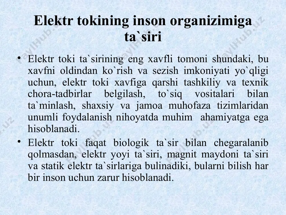 ektr tasiri va tok urishi a) mahalliy elektrik ta`siri natijasida -kuyib qolish, organizm bilan elektr o`tkazgichi o`rtasida vol’ta yoyi hosil bulganda sodir buladi. -elektr belgilari hosil bulishi - terining ustki qismida aniq kulrang yoki och-sarg’ish rangli 1-5 mm belgi paydo bulishidir. -terining metallashib qolishi - bu holat ham elektr yoyi hosil bulganda ro`y beradi. elektr tokining inson organizimiga ta`siri b) tok urishi - to`rt darajaga bo`lib qaraladi: -muskullar keskin qisqarishi natijasida odam tok ta`siridan chiqib ketadi va hushini yo`qotmaydi (0,6 – 1,5ma). -muskullar keskin qisqarishi natijasida odam hushini yo`qotadi, ammo yurak va nafas olish faoliyati ishlab turadi (10 – 15ma). -odam hushini yo`qotib, nafas olish tizimi yoki yurak urishi to`xtab qoladi (25 – 50ma). -klinik o`lim holati, bunda insonda hech qanday hayot alomati ko`rinmay qoladi (100ma). klinik o`lim - bu hayot bilan o`lim oralig’i bo`lib, inson ma`lum vaqtgacha ichki imkoniyatlar hisobiga yashab, bu holat 5-8 daqiqa davom etadi va tashqi …