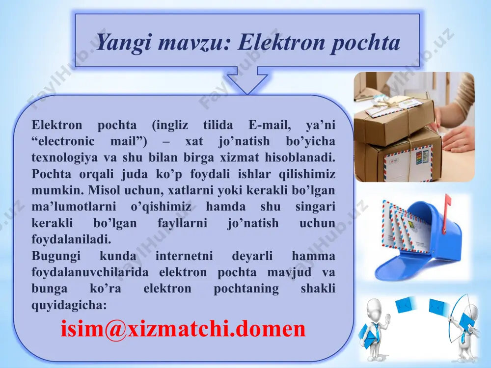 n, sababi sir emas ko’pchilik o’zbekistonliklarda android tizimi smartfonlarga o’rnatilgan. shuning uchun gmail yaratib, siz o’zingizga akkaunt ochgan bo’lasiz. birinchi qadam. gmail.com saytiga o’tib «создать аккаунт» degan tugmaga bosamiz. bosganimizda «для себя» tugmasini tanlaymiz. ikkinchi qadam. ismingiz bilan familiyangizni kiriting va pochtangizga nom kiriting: uchinchi qadam. yangi parol o’ylab, uni yana bir bor kiriting va “далее” tugmasini bosganingizdan so’ng telefon raqamingizni kiriting: to’rtinchi qadam. tug’ilgan kuningizni va jinsingizni tanlang va “далее” tugmasini bosing. beshinchi qadam. chiqib kelgan oynachani pastga tushirib “принимаю” degan tugmaga bosamiz: oltinchi qadam. pochta yaratildi, endi ishlatishni boshlashingiz mumkin! u orqali biz referat, video, audio fayllar va boshqalar bilan bo`lishishimiz mumkin. lekin biz maktub kelguniga qadar bir necha kun yoki haftalar kutmaymiz. barcha harakatlar bir zumda sodir bo`ladi. qanday qilib pochtada tez va samarali ishlash mumkinligi haqida quyidalarni bilib olishiz mumkin. elektron pochta va undan foydalanishning 10 ta qoidasi. elektron pochta taklif qilingan barcha maydonlarni to`ldiring. jo`natuvchining …