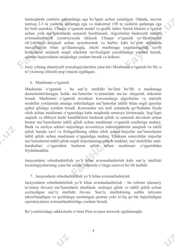 o chiqarish imkonini beradi. mashinani o‘rganish texnikasi korxonalarga algoritmlar va statistik modellar yordamida amalga oshiriladigan ma’lumotlar tahlili bilan ongli qarorlar qabul qilishga yordam beradi. korxonalar uni turli sohalarda qo‘llashdan foyda olish uchun mashinani o‘rganishga katta miqdorda sarmoya kiritmoqda. sog‘liqni saqlash va tibbiyot kasbi kasalliklarni bashorat qilish va samarali davolash uchun bemor ma’lumotlarini tahlil qilish uchun mashinani o‘rganish usullariga muhtoj. bank va moliya sektori mijozlarga investitsiya imkoniyatlarini aniqlash va taklif qilish hamda xavf va firibgarlikning oldini olish uchun mijozlar ma’lumotlarini tahlil qilish uchun mashinani o‘rganishga muhtoj. chakana sotuvchilar mijozlar ma’lumotlarini tahlil qilish orqali mijozlarning xohish-istaklari, iste’molchilar xatti-harakatlari o‘zgarishini bashorat qilish uchun mashinani o‘rganishdan foydalanadilar. jarayonlarni robotlashtirilish yo‘li bilan avtomatlashtirish kabi sun’iy intellekt texnologiyalarining yana bir uslubi yettinchi o‘ringa sazovor bo‘lib turibdi: 7. jarayonlarni robotlashtirilish yo‘li bilan avtomatlashtirish jarayonlarni robotlashtirilish yo‘li bilan avtomatlashtirish – bu robotni (dasturiy ta’minot ilovasi) ma’lumotlarni sharhlash, muloqot qilish va tahlil qilish uchun sozlaydigan sun’iy intellekt ilovasi. sun’iy …