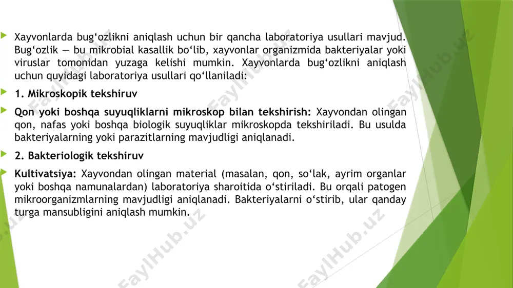 luoresensiya testi: mikroskopik tekshiruv orqali patogenlarni immunofluoresensiya bilan aniqlash usulidir. bu usulda antikorlar va antigenlar o‘rtasidagi aloqalar tekshiriladi. 7. biokimyoviy analizlar qon va suyuqliklar tahlili: xayvonlarning qonini yoki boshqa suyuqliklarini tahlil qilish orqali bug‘ozlikning alomatlarini aniqlash mumkin. bu testlar, masalan, oksidlanish darajasi yoki boshqa kimyoviy ko‘rsatkichlar yordamida amalga oshiriladi. xayvonlarda bug‘ozlikni aniqlash uchun yuqorida sanab o‘tilgan usullar birgalikda ishlatilishi mumkin, chunki kasallikning tashxisini to‘liq aniqlash uchun ko‘plab omillarni hisobga olish kerak. har bir usul xayvonning turiga, kasallikning rivojlanish bosqichiga va mavjud laboratoriya imkoniyatlariga qarab qo‘llaniladi. 8. biologik testlar tovar tahlillari va seriyali eksperimentlar: agar xayvonning o‘limi yoki kasallik alomatlari ma'lum bir virulans bakteriya yoki virus bilan bog‘liq bo‘lsa, bu testlar o‘tkaziladi. shuningdek, agar xayvonlar guruhlari o‘rtasida kasallik tarqalgan bo‘lsa, bu usul yordamida buni aniqlash mumkin. 9. histopatologik usul to‘qima biopsiyasi va mikroskopik tekshiruvi: bug‘ozlikni keltirib chiqaruvchi mikroorganizmlar yoki patogenlar, ayniqsa, ichki organlar to‘qimalarida bo‘lganida, to‘qima biopsiyasi olinadi va mikroskopik tekshiriladi. …
