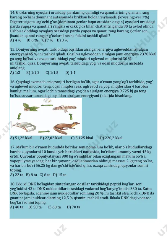 at tarkibidagi biopolimerlardan ajralgan energiya miqdorini hisoblang. a) 1395 kkal b) 2133 kkal c) 1558 kkal d) 2215 kkal 12. ma’lum bir kartoshka ekinzoriga kolorado qo’ng’izi uchub kelib, 10 ta tuxum qo’ydi va uchib ketdi. oradan 25 kun o’tgach, qushlar populyatsiyasi uchib kelib barcha qo’ng’izlarni yeb bitirishi natijasida, qushlar populyatsisyasi 6,25 grammga semirgan bo’lsa, ekalogik pirmida qoidasiga ko’ra kolorado qo’ng’izi yegan ozuqa massasini aniqlang. ( erkakk va urg’ochi qo’ng’izlar nisbati 1:1 1 ta qo’ng’iz 10 ta tuxum qo’yadi. bu tuxumlardan 10 kun ichida voyaga yetgan qo’ng’iz rivojlanadi voyaga yetgan qo’ng’izlar tuxum qo’yib so’ng uchib ketadi. dastlabki kolorado lichinkalarining massasi 0 deb olinsin) a) 625 gr b) 925 gr c) 725 gr d) 1025 gr 13. dnk tarkibida, guanin necha foiz bo’lganda, purin asoslari va timin soni nisbati 2,5:1 bo’ladi? a) 40 % b) 15 % c) 30 % d) 20 % 14. g’ozlarning oyoqlari orasidagi pardaning qalinligi va qanotlarining qisman …