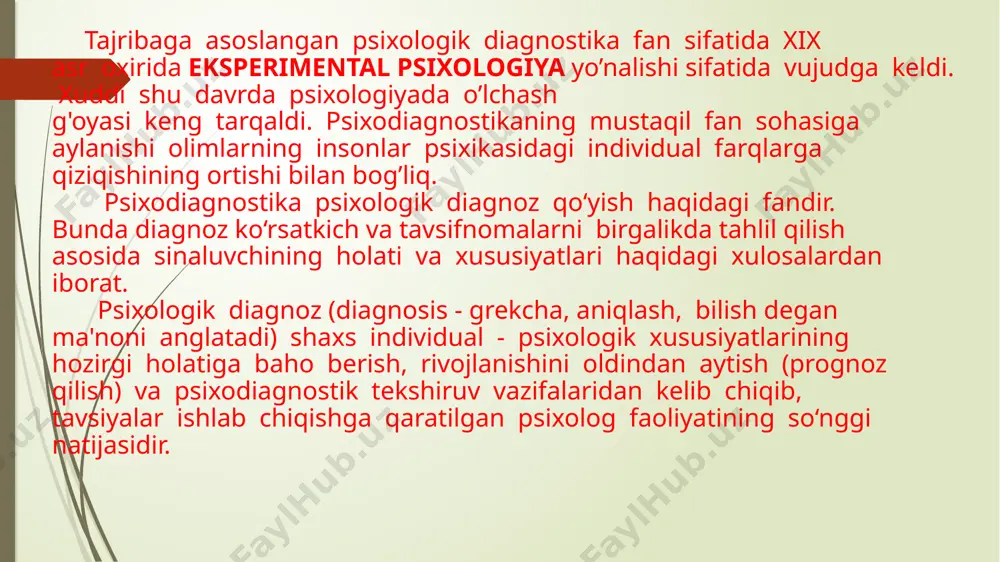 hamiyatga ega bo'ldi. bu tadqiqotlarda individual farqlarni o‘rganishning yangi statistikaga asoslangan quroli - test ishlatila boshlangan. psixologiyada ilk bor psixometrik yo'nalish asoschisi f.galton testlar yaratgan. dastlabki test aqlni o‘lchash metodi sifatida qo‘llanildi, keyinchalik esa undan shaxsni uning reaktsiyalarini o'rganishda foydalanila boshlandi psixologik diagnostika fan sifatida 1920-yillarda keng shakllana bordi. shveytsariyalik psixolog va psixiatr h. rorshach (1921)ning «psixodiagnostika» asari nashr etilishi bilan psixodiagnostikaga asos solindi. psixodiagnostika tushunchasi individni o‘rganadigan barcha metodlar majmuini o 'z ichiga oladi. bu kitob nashr etilishi bilan psixologik diagnostika taraqqiyotida yangi davr boshlandi, u psixometriyadagi shaxsni o'rganish yangi metodlari bo'lm ish proektiv metodlar bilan bog‘langan edi. proektiv psixologiya bir butun shaxsni o‘rganish mumkin emas, deb talqin qiluvchi psixometrik nuqtai nazar va bixeviorizmga qarshi e’tiro z bildiruvchi fan sifatida rivojlana boshladi. turli yosh davridagi bolalar guruhini tekshirishda psixodiagnostika metodikalari o‗z xususiya tlariga ega. masalan, chaqaloqlik davridagi bolalarni tekshirishda sensomotor harakatlarni o‗rganishga mo‗ljallangan metodlar qo‗llaniladi: boshini ushlab turishi, predmetlarni …