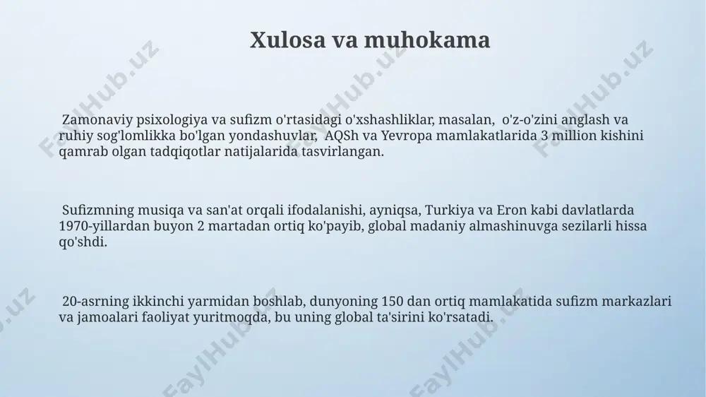 arini targʻib qiluvchi 100 dan ortiq tashkilot faoliyat koʻrsatmoqda. 15-asrda samarqand va buxoroda sufizm taʼsiri ostida koʻplab xayriya uylari, kutubxonalar va kasalxonalar qurilgan boʻlib, bu jamiyatga katta ijtimoiy foyda keltirgan. sufizmning 19-asr oxiri va 20-asr boshlarida turkiston hududida tarqalishi, milliy ongning uygʻonishi va ijtimoiy adolat talabining kuchayishiga sezilarli hissa qoʻshgan. sufizm va tasavvuf musiqasi maroqand va buxoro kabi shaharlarda 15-16-asrlarda rivojlangan tasavvuf musiqasi maktablari, 7 ta asosiy nota tizimini qo'llagan holda, nafaqat musiqiy balki ma'naviy tarbiya berishga xizmat qilgan. 13-asrda xorazmda yashab ijod qilgan amir xusrav dehlaviyning g'azallari va tasavvuf musiqasiga ta'siri, uning 100 dan ortiq asarlari orqali tasavvuf g'oyalarini keng ommaga yetkazganligini ko'rsatadi. turkiy xalqlar orasida mashhur bo'lgan "sama" marosimlarida 20 dan ortiq cholg'u asboblari ishlatilganligi va bu musiqaning 1000 yildan ortiq tarixga ega ekanligi tasavvuf musiqasining uzoq umr ko'rganligini bildiradi. sufizm va zamonaviylik: kirish o'zbekiston va markaziy osiyoda sufizmning boy tarixiy merosi zamonaviy davrda ham o'z ahamiyatini saqlab …