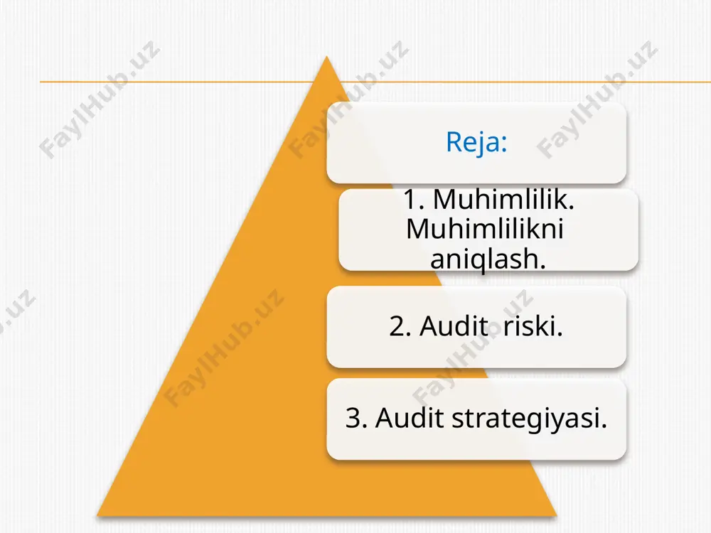 im ahamiyatga ega bo’lgan barcha axborotlarning ko’rsatilishini talab etadi auditda muhimlikni belgilashning quyidagi ikki uslubiyati mavjud: 1. induktiv uslub 2. deduktiv uslub 1.induktiv uslub - moliyaviy hisobotning har bir elementi bo'yicha alohida ravishda muhim bo’lgan ko'rsatkichni aniqlash va bu ko'rsatkichlarni qo'shish orqali umumiy muhimlik ko‘rsatkichini hosil qilishni nazarda tutadi. ammo bu uslubiyatni amaliyotda qo'llashda ehtiyotkorlik bilan yondashish zarur. chunki bu uslub alohida olingan muhimlik ko'rsatkichlarini umumiylashtiradi va olingan natija moliyaviy hisobotning bir elementibo'yicha muhim bo‘lmasada, boshqa elementga nisbatan muhim bo‘lishi mumkin. 2.deduktiv uslub — butun moliyaviy hisobot yoki uning asosiy bo‘limlari bo‘yicha umumiy muhimlik ko‘rsatkichini aniqlash va bu ko'rsatkichni moliyaviy hisobotlarni tashkil etuvchi elementlar o'rtasida taqsimlab yuborishni nazarda tutadi. xalqaro amliyotda muliimlik ko'rsatkichini belgilashda dedukitiv uslub qo'llaniladi va muhimlik quyidagi uch bosqichda yangidan aniqlanadi: 1) rejalashtirish jarayonida; 2) audit tekshiruvini o'tkazish jarayonida; 3) auditorlik xulosasini tayyorlash jarayonida. muhimlikning dastlabki belgilangan chegarasi, ming so’m audit riski — auditor tomonidan, muhim xatoliklarga …