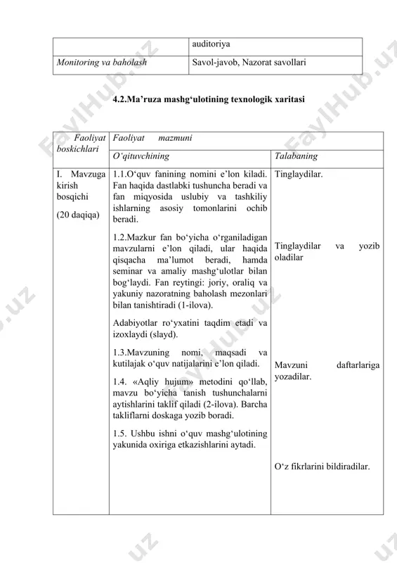 inglaydilar. tinglaydilar va yozib oladilar mavzuni daftarlariga yozadilar. o‘z fikrlarini bildiradilar. ii. asosiy bosqich (50 daqiqa) 2.1.mavzu bo‘yicha ma’ruza matnlarini tarqatadi: mavzu rejasi va asosiy tushunchalar bilan tanishib chiqishni taklif qiladi. 2.2.namoyish qilish va izoxlash yordamida asosiy nazariy ma’lumotlarni beradi. fanning predmeti, vazifalari va boshqa fanlar bilan aloqasini slaydlarda namoyish etib, tushuntiradi (3-ilova). mavzuning har bir qismi bo‘yicha xulosalar qiladi. talabalarning e’tiborini asosiy tushunchalarga va ahamiyatli tomonlariga jalb qiladi. 2.3.doskada qayd etilgan asosiy tushunchalarga qaytishni taklif qiladi. talabalar bilan hamkorlikda tushunchalar ro‘yxatini aniqlash-tiradi, qaytarilganlarini olib tashlaydi, mavzuga tegishli bo‘lmagan ma’lumotlarni olib tashlaydi, hamda qayd etilmagan zarur tushuncha va atamalarni qo‘shadi (yozadilar). tinglaydilar. har bir tayanch ibora va atamani muxokama qiladilar, daftarlariga yozib oladilar iii. yakuniy bosqich (10 daqiqa) 3.1. mavzu bo‘yicha yakuniy xulosalar qiladilar. faoliyat natijalarini izoxlaydi. mazkur mavzu bo‘yicha egallangan bilimlar kelajakda qaerlarda qo‘llanilishi mumkinligi haqida ma’lumot beradi. 3.2.talabalar faoliyatini va belgilangan o‘quv maqsadlariga erishilganlik darajasini taxlil qiladi va …