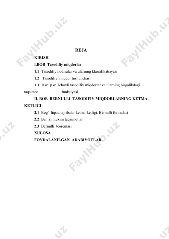 nksiyasi, bernulli funksiyasi, bernulli teoremasi va ularga oid misollar yordamida mazvu yoritilgan. kurs ishining maqsad va vazifalari. 1. tasodifiy hodisalar va ularning klassifikatsiyasini oʻrganish; 2. tasodifiy miqdor tushunchasi oʻrganish; 3. koʻp oʻlchovli tasodifiy miqdorlar va ularning birgalikdagi taqsimot funksiyasi oʻrganish; 4. bogʻliqsiz tajribalar ketma-ketligi. bernulli formulasi oʻrganish; 5. binomal taqsimot va puasson taqsimoti oʻrganish; 6. bernulli teoremasi oʻrganish. kurs ishining yangiligi va amaliy ahamiyati. kurs ishi referativ-uslubiy xarakterga ega boʻlgani uchun ilmiy yangilik qilinmagan. mavzuga oid bir nechta adabiyotlardan maʻlumotlarni toʻplash tahlil qilish va misollarga tatbiq qilishdan iborat. kurs ishining uslubiyati. kurs ishi nazariy xarakterga ega boʻlib, olingan natijalar boshqa adabiyotlar bilan taqqoslanib mavzuga oid misollarni yechishda sodda usullar keltirilgan. i.bob. tasodifiy miqdorlar 1.1 tasodifiy hodisalar va ularning klassifikatsiyasi ehtimollar nazariyasi tasodifiy tajribalar, ya’ni natijasini oldindan aytib boʻlmaydigan tajribalardagi qonuniyatlarni oʻrganuvchi matematik fandir. bunda shunday tajribalar qaraladiki, ularni oʻzgarmas (ya’ni, bir xil) shartlar kompleksida hech boʻlmaganda nazariy ravishda ixtiyoriy sonda …