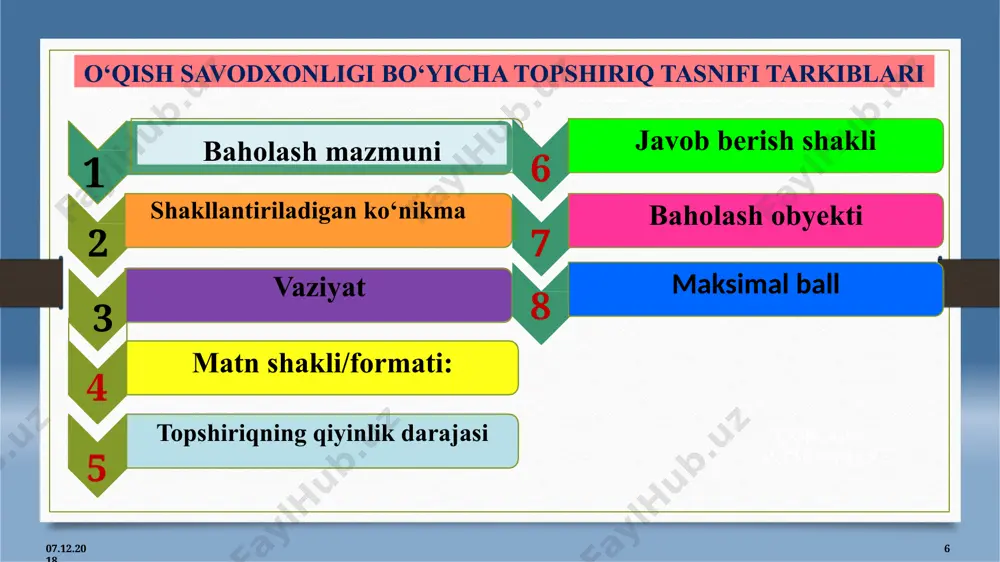 obni belgilash o‘quvchiga qo‘yiladigan baho: berılgan matndan xulosa chıqarısh, axborotlarni taqqosalash yuqori ball: 1 ball tekshirish usuli: dastur asosida baholash mezoni ball 1 2-javob variant tanlangan bo‘lsa. (miya turli organlarga qarama-qarshi ma’lumotlarni oladi) 0 boshqa javob variant tanlangan yoki javob berilmagan bo‘lsa topshiriq № 2 “kasallik? harakatda bo‘l!” matnini o‘qing. savolga javob berish uchun tegishli javobni belgilang. britaniyalik shifokorlar harakat kasalligi uchun qanday vositani taklif qilishdi? iltimos, bitta to‘g‘ri javobni belgilang. 1.akupressura (barmoq uchini massaj qilish) mashq qilish uchun mashqlar 2.vestibulyar 3. fazoviy ko‘rishni o‘rgatish uchun mashqlar 4. maxsus pastillar 10 topshiriq tasnifi mazmun jihatdan baholash ko‘lami: yuqori ilmiy salohiyat va kashf etish baholash ko‘lamining kompitentligi:berilgan axborotlar ustida ishlash va aloqadorlik kontekst: axborot matni matn turi: umumiy (ilmiy-ommabop matn) topshiriqning qiyinlik darajasi: o‘rtacha javob shakli: faqat bitta to‘g‘ri javobni belgilash o‘quvchiga qo‘yiladigan baho: berılgan matndan xulosa chıqarısh, axborotlarni taqqosalash yuqori ball: 1 ball tekshirish usuli: dastur asosida baholash mezoni ball …