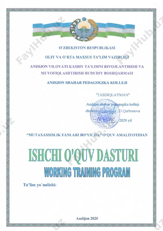 ida o‘lchash, natijalarni aniqlash va tahlil qilishdan iborat jarayonidir. ta’lim jarayonida ta’lim oluvchilarning nazariy bilimlari va amaliy layoqatini baholashda og‘zaki va yozma shakllaridan foydalaniladi. test usullari, reyting tizimi o‘quvchining bilim va ko‘nikmalarini egallash jarayonini nazorat qilishda baholash “5” balli tizimda amalga oshiriladi: 2. o‘quv dasturi mazmuni № mavzular nomi mavzuning qisqacha mazmuni jami o‘qitishning tashkiliy shakli mustaqil ta’lim kutubxonashunoslik 1 axborot kutubxona muassasasi tarixi bilan tanishish. kitob fondini tuzilish tizimi, fond bilan ishlash, kitoblarga ishlov berish. o‘quvchilar mutaxassislik o‘quv amaliyotiga borgan axborot kutubxona muassasasi tarixi va kitob fondi bilan tanishadi 4 a 2 2 nashriyotlarga kitoblarga buyurtma berish tartibini o‘rganish, shartnoma bilan tanishish, undan ko‘chirma olish. nashriyotlarga kitoblarga buyurtma berish tartibi, shartnomalari bilan tanishib, undan ko‘chirma oladilar. 2 a 2 3 ak muassasalari fondlaridan mazmunan eskirgan, to‘zigan, ixtisosiga to‘g‘ri kelmaydigan va kam foydalanilayotgan adabiyotlarni chiqarish fonddan mazmunan eskirgan, to‘zigan, ixtisosiga to‘g‘ri kelmaydigan va kam foydalanilayotgan adabiyotlarni chiqarishni o‘rganadilar 2 a …