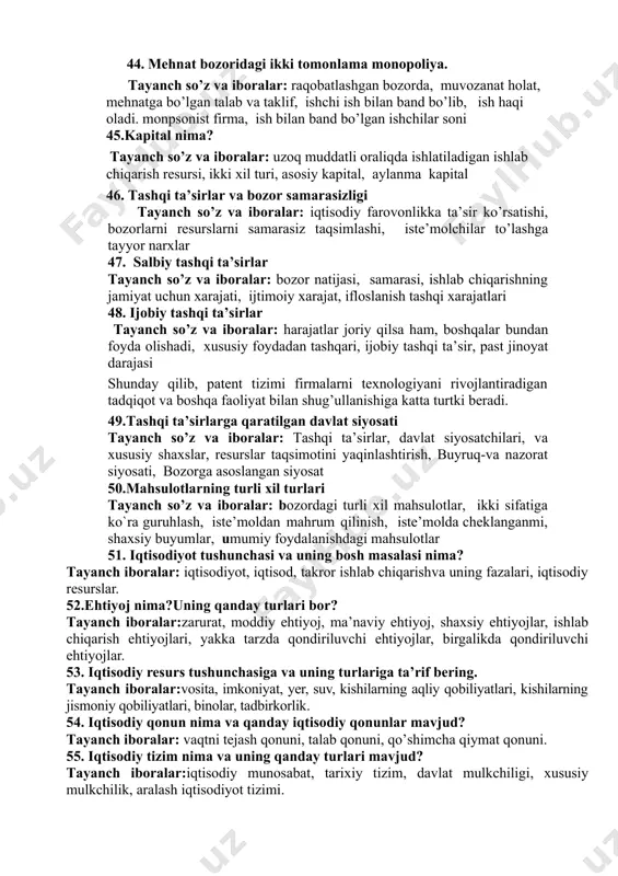 , bozor sub’ektlari ta’sir qila olmaydi 40.ish vaqti va dam olish o’rtasidagi bo`liqlik tayanch so’z va iboralar:maksimal dam olish, bir sutkaga, daromadi nolga, ishchining "daromad va bo’sh vaqti", dam olish ma’naviy o’sishni ta’minlaydi. 41. ish haqi o’sishining dam olish vaqti bilan ishlash vaqti o’rtasidagi nisbatga ta’siri. tayanch so’z va iboralar:daromadning yanada oshib borishi, dam olish vaqtini qisqartirib, ish vaqtini oshirishga, shaxs uchun bo’lgan qimmati, vaqtni qimmatini oshib borishi, daromad samarasi, o’rnini bosish samarasi 42.raqobatlashgan, monopolistik va monopsonik mehnat bozorlari. tayanch so’z va iboralar: yagona ishlab chiqarish korxonasi bo’lib, shahar aholisining asosiy qismini, ish bilan ta’minlaydi, boshqa ish joylari kam, har bir birlik mehnat uchun bir xil ish haqi to’lagani, minimal ish haqi 43.minimal ish haqi va bandlik. tayanch so’z va iboralar: minimal ish haqi, ishchilarning bandlik darajasi, ish haqi muvozanat holati, kasaba uyushmalari, mehnat taklifini qisqartirib, ish haqini oshirish. 44. mehnat bozoridagi ikki tomonlama monopoliya. tayanch so’z va iboralar: raqobatlashgan …