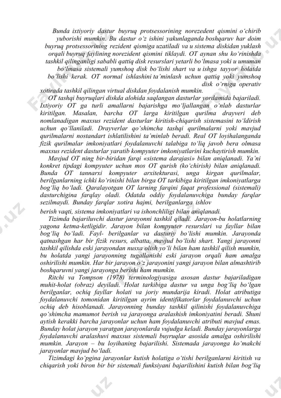 aqtni taqsimlash sistemasi; · real vaqt sistemasi; · dialog sistemasi. paket rejimi – bu masalalar majmuasiga ishlov beruvchi sistema, ya’ni bir yoki bir necha foydalanuvchi tomonidan tayyorlangan topshiriqlarni bajaruvchi sistema. masalalar majmuasi kompyuterga kiritilgandan so‘ng foydalanuvchi bilan uning masalasi o‘rtasida muloqat qilish taqiqlangan. bunday ot bir dasturli yoki ko‘p dasturli rejimlarda ishlashi mumkin. vaqtni taqsimlash – bir vaqtning o‘zida bir necha foydalanuvchiga xizmat qilish va foydalanuvchiga o‘z masalasi bilan muloqat qilish imkonini beradi. bir vaqtda ishlash effektiga protsessor vaqti va boshqa resurslarni turli foydalanuvchilar tomonidan berilgan hisoblash jarayonlariga taqsimlash bilan erishiladi. ot kompyuterga kiritilayotgan topshiriqlar uchun navbat tashkil qiladi va har biriga navbat asosida protsessordan foydalanish vaqtini aniqlaydi. birinchi topshiriqni bajargandan so‘ng ot uni navbatning oxiriga olib borib qo‘yadi va ikkinchi masalaga xizmat qiladi va h.z. har bir masalaga xizmat qilish vaqti ot parametrlarida aniqlanadi. professional dasturchi ot ni tashkil qilish jarayonida bu vaqt birligini o‘zgartirishi mumkin. real vaqt – …