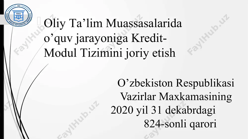 mustaqil ish soatiga (malakaviy amaliyot va bitiruv malakaviy ishlari bundan mustasno) bo‘linadi. kreditning soatlardagi miqdori va o‘quv yuklamasi miqdori oliy ta’lim muassasasi kengashi tomonidan belgilanadi va oliy ta’lim muassasasi veb-sahifasida shaffof tarzda joylashtiriladi. umumiy ishlash mexanizmi. (4 yil uchun) (2 yil uchun) talaba kreditlar: 1 yil = 60 kredit 1 semestr = 30 kredit o’quv yil dasturi 6 kredit 6 kredit 6 kredit 6 kredit 6 kredit bakalavr 240 kredit magistratura 120 kredit kreditlar: 1 yil = 48 kredit 1 semestr = 24 kredit kreditni dasturlar bo’yicha taqsimlash: dasturlar yillar kreditlar bakalavr 4 yil 240 kredit magistratura sirtqi ta’lim 1-2 yil 5 yil 60-120 kredit 240 kredit asosiy fan yuklamalari joriy va oraliq yakuniy nazorat nazorat (yozma, test) ~ uyga vazifalar ~amaliy vazifalar ~labaratoriya vazifalari ~ boshqalar topshiriqlar uchun belgilangan muddatlar qat’iy belgilanadi. (deadline) (deadline) !. (muddati 5-6 kun, 5-6 kundan kam bo’lmagan oraliqda belgilanadi) (deadline muddati tugagan talabaga deadline …