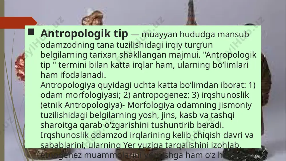 lta, jussalari mayda, bosh chanog‘i braxikefal (dumaloq).bepoyon dashtliklar, otulov, tuya ularning jonu dili, erkin, ozod xayot turmush tarzi bilan suyagi qotgan. zakaspiy tipi evropoid tipga mansub, dolixokefal (uzunchoq ). bu tip mahalliy aholining eng qadimgi sharqiy o‘rta er dengizi tipi bilan turkiy evropoid tiplari qorishuvidan tashkil topgan. zakaspiy tipi -“o‘rta osiyo ikki daryo oralig‘i tipi” asosan evropoid irqining variantlaridan birini tashkil etadi. uning tarkibi mahalliy tub joy aholining sharqiy o‘rtaer dengizi tipiga qarashli protoevropoid tipi bilan qorishuvidan tarkib topgan. bosh chanog‘i braxikefal (dumaloqroq ), jussasi o‘rtacha. “o‘rta osiyo ikki daryo oralig‘i tipi “o‘rta osiyo ikki daryo oralig‘i tipi” l.v oshanin, v.v.ginzburglar tadqiqotida aniqlangan. o‘rta osiyo bo‘yicha bronza davrida aholi o‘rta er dengizi tipida bo‘lgan. bronza davri oxirlaridan evroosiyo dashtlaridan protoevropoid tipi kirib kela boshlagan. ular andronov madaniyati aholisi bo‘lib, hali o‘rta er dengizi tipi bilan qorishib ulgurmagan. demak, bronza davrida “ o‘rta osiyo ikki daryo oralig‘i tipi” ham tarkib topmagan. …
