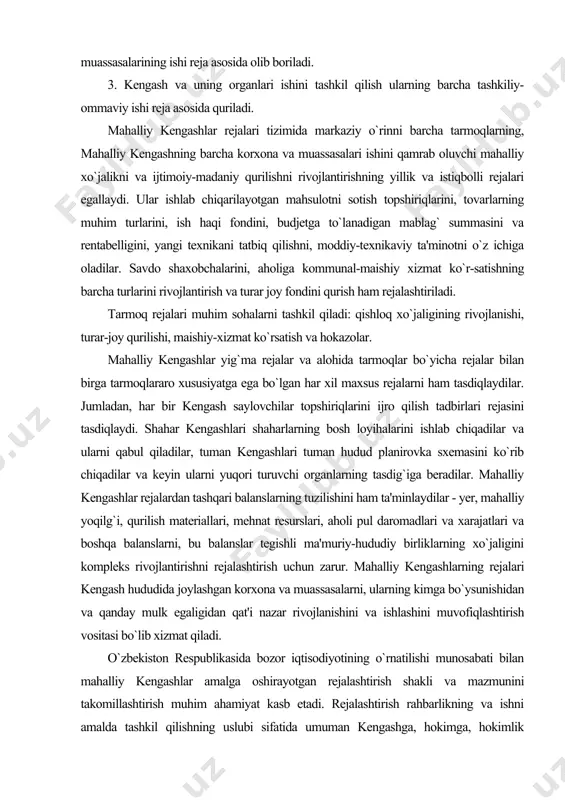 kani tatbiq qilishni, moddiy-texnikaviy ta'minotni o`z ichiga oladilar. savdo shaxobchalarini, aholiga kommunal-maishiy xizmat ko`r-satishning barcha turlarini rivojlantirish va turar joy fondini qurish ham rejalashtiriladi. tarmoq rejalari muhim sohalarni tashkil qiladi: qishloq xo`jaligining rivojlanishi, turar-joy qurilishi, maishiy-xizmat ko`rsatish va hokazolar. mahalliy kengashlar yig`ma rejalar va alohida tarmoqlar bo`yicha rejalar bilan birga tarmoqlararo xususiyatga ega bo`lgan har xil maxsus rejalarni ham tasdiqlaydilar. jumladan, har bir kengash saylovchilar topshiriqlarini ijro qilish tadbirlari rejasini tasdiqlaydi. shahar kengashlari shaharlarning bosh loyihalarini ishlab chiqadilar va ularni qabul qiladilar, tuman kengashlari tuman hudud planirovka sxemasini ko`rib chiqadilar va keyin ularni yuqori turuvchi organlarning tasdig`iga beradilar. mahalliy kengashlar rejalardan tashqari balanslarning tuzilishini ham ta'minlaydilar - yer, mahalliy yoqilg`i, qurilish materiallari, mehnat resurslari, aholi pul daromadlari va xarajatlari va boshqa balanslarni, bu balanslar tegishli ma'muriy-hududiy birliklarning xo`jaligini kompleks rivojlantirishni rejalashtirish uchun zarur. mahalliy kengashlarning rejalari kengash hududida joylashgan korxona va muassasalarni, ularning kimga bo`ysunishidan va qanday mulk egaligidan qat'i …