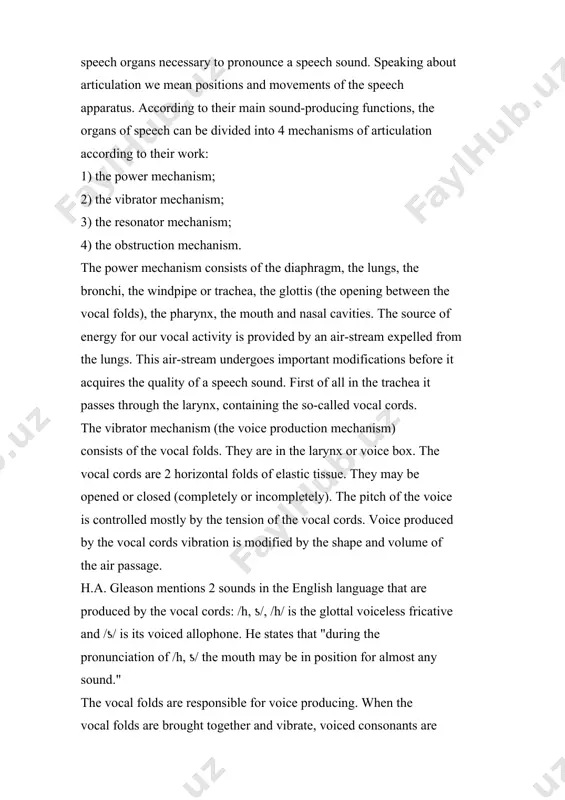 can be complete, incomplete or intermediate). it consists of the teeth, the lips, the tongue, the soft palate with the uvula, the hard palate and the alveolar ridge. it should be borne in mind that the four mechanisms work simultaneously and that each speech sound is the result of the simultaneous work of all of them 1.2.1. the articulatory basis. the difference in the articulatory basis of russian and english from the articulatory point of view every speech sound is a complex of definite coordinated and differentiated movements and positions of speech organs. the movements and positions necessary for the production of a speech sound constitute its articulation. all the movements and positions of the speech organs necessary to pronounce a speech sound constitute its articulation. these tendencies are quite different in different languages and result in typical mistakes of language learners. thus, in english the bulk of the tongue …