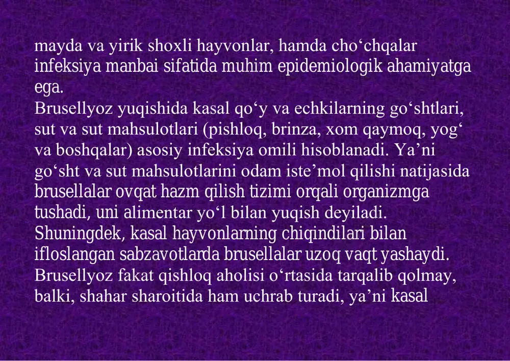 (va brusellalardan ham) batamom sog‘ayib, musaffo bo‘lib ketishi har tomonlama isbot etilgan. brusellyozda bemor organizmi brusellalardan xolos bo‘lgandan so‘ng postinfeksion immunitet vujudga kela boshlaydi. ammo bu immunitet aytarli barqaror bo‘lmaydi va 6-9 oy ichida yo‘qolib ketadi. klinikasi. brusellyoz odamlarga turli xil shakllarda kechadigan kasallik bo‘lib, uning yuqqandan so‘ng to birinchi belgilari paydo bo‘lish davri turg‘unlik davri deb ataladi. bu davr ko‘pincha 2-4 hafta cho‘ziladi. ba’zan shunday ham bo‘ladi: brusellalar odam organizmiga yuqqanda limfa tugunlarida bir necha oylar davomida saqlanib turadi, kasallikni vujudga keltirmaydi. bu birlamchi latent davr hisoblanadi. bu davr organizmning reaktiv holatiga qarab o‘zgarishi mumkin. brusellyoz kasalligining klinik belgilari bemorlarda ba’zan ro‘y-rost namoyon bo‘lsa, ba’zan bilinar-bilinmas yuzaga chiqadi. isitma brusellyoz kasalligida ko‘p uchraydigan, uzoq davom etadigan asosiy kardinal belgi hisoblanadi. uni olimlarning kuzatishlariga qaraganda bir necha xil turlari bo‘lishi mumkin: to‘lqinsimon isitma, noto‘g‘ri intermittens isitma, doimiy isitma, tartibsiz, subfebril isitma va h.k. brusellyoz isitmasi asosan bemor organizmining reaktiv holatga …