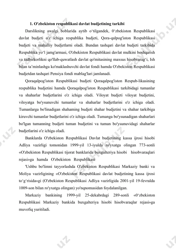 banki va moliya vazirligining «o'zbekiston respublikasi davlat budjetining kassa ijrosi to‘g‘risida»gi (o'zbekiston respublikasi adliya vazirligida 2001-yil 19-fevralda 1009-son bilan ro'yxatga olingan) yo'nqnomasidan foydalanilgan. markaziy bankining 1999-yil 25-dekabrdagi 289-sonli «0‘zbekiston respublikasi markaziy bankida buxgalteriya hisobi hisobvaraqlar rejasi»ga muvofiq yuritiladi. 2. davlat budjeti daromadlarining kassa ijrosi davlat budjetining daromadlari davlat budjetiga kelib tushgan mablag'laming to‘g‘ri va o‘z vaqtida kirim qilinishini ta’minlash maqsadida o'zbekiston respublikasi moliya vazirligining xos raqami va soliq to'lovchining identifikatsiya raqami bilan markaziy bankning toshkent shahar va hududiy bosh boshqarmalarining hisob-kitob kassa markazlarida hamda tijorat banklarida 23402-«respublika budjetining mablag'lari» hisobvarag'i budjet daromadlari tasnifiga asosan ochiladi. davlat budjetiga tushgan umumdavlat soliqlari, yig'imlari, bojlari va boshqa majburiy to'lovlar o'zbekiston respublikasi tijorat banklari tomonidan qabul qilinadi va belgilangan tartibda 23402-«rcspublika budjetining mablag'lari» hisobvarag'iga kirim qilinadi. soliq to'lovchilar tomonidan davlat budjetiga, qoraqalpog'iston respublikasi budjetiga va mahalliy budjetlarga to'lanadigan soliq va boshqa to'lovlar, to'lov summasidan qat’iy nazar pul o'tkazish yo'li bilan amalga oshiriladi. jismoniy shaxslar …
