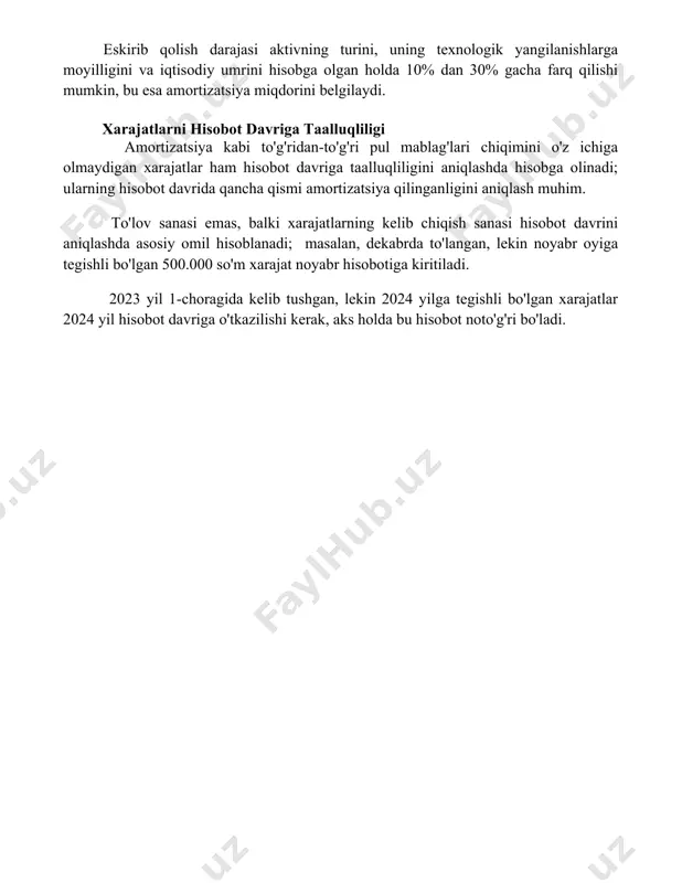 bu esa amortizatsiya miqdorini belgilaydi. xarajatlarni hisobot davriga taalluqliligi amortizatsiya kabi to'g'ridan-to'g'ri pul mablag'lari chiqimini o'z ichiga olmaydigan xarajatlar ham hisobot davriga taalluqliligini aniqlashda hisobga olinadi; ularning hisobot davrida qancha qismi amortizatsiya qilinganligini aniqlash muhim. to'lov sanasi emas, balki xarajatlarning kelib chiqish sanasi hisobot davrini aniqlashda asosiy omil hisoblanadi; masalan, dekabrda to'langan, lekin noyabr oyiga tegishli bo'lgan 500.000 so'm xarajat noyabr hisobotiga kiritiladi. 2023 yil 1-choragida kelib tushgan, lekin 2024 yilga tegishli bo'lgan xarajatlar 2024 yil hisobot davriga o'tkazilishi kerak, aks holda bu hisobot noto'g'ri bo'ladi. 📌xulosa moliyaviy hisobotlarda xarajatlarni hisobga olish tartibi, xarajatlarning aniq va o'z vaqtida aks ettirilishi, shuningdek, moliyaviy ko'rsatkichlarning ishonchliligini ta'minlash uchun muhim ahamiyatga ega. to'g'ri hisobga olish korxonaning moliyaviy ahvolini ob'ektiv baholashga yordam beradi. 📚foydalanilgan adabiyotlar 1. moliyaviy hisobotlarda xarajatlarni hisobga olish tartibi bo'yicha buxgalteriya hisobi standartlari. 2. "moliyaviy hisobot to'g'risida"gi o'zbekiston respublikasi qonuni. 3. davlat statistika qo'mitasi tomonidan tasdiqlangan moliyaviy hisobotlarni tuzish bo'yicha metodik …