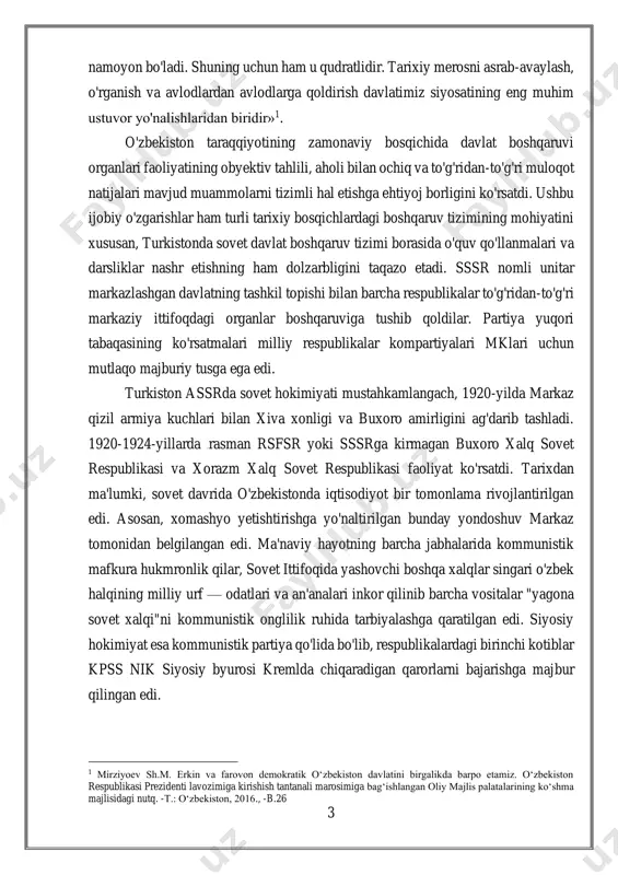 a kuchlari bilan xiva xonligi va buxoro amirligini ag'darib tashladi. 1920-1924-yillarda rasman rsfsr yoki sssrga kirmagan buxoro xalq sovet respublikasi va xorazm xalq sovet respublikasi faoliyat ko'rsatdi. tarixdan ma'lumki, sovet davrida o'zbekistonda iqtisodiyot bir tomonlama rivojlantirilgan edi. asosan, xomashyo yetishtirishga yo'naltirilgan bunday yondoshuv markaz tomonidan belgilangan edi. ma'naviy hayotning barcha jabhalarida kommunistik mafkura hukmronlik qilar, sovet ittifoqida yashovchi boshqa xalqlar singari o'zbek halqining milliy urf — odatlari va an'analari inkor qilinib barcha vositalar "yagona sovet xalqi"ni kommunistik onglilik ruhida tarbiyalashga qaratilgan edi. siyosiy hokimiyat esa kommunistik partiya qo'lida bo'lib, respublikalardagi birinchi kotiblar kpss nik siyosiy byurosi kremlda chiqaradigan qarorlarni bajarishga majbur qilingan edi. 1 mirziyoev sh.m. erkin va farovon demokratik o‘zbekiston davlatini birgalikda barpo etamiz. o‘zbekiston respublikasi prezidenti lavozimiga kirishish tantanali marosimiga bag‘ishlangan oliy majlis palatalarining ko‘shma majlisidagi nutq. -t.: o‘zbekiston, 2016., -b.26 4 mavzuning maqsad va vazifasi turksiton avtanom sovet sotsialistik respublikasining tashkil topishi, undagi boshqaruv tartiblarini yoritib berish …