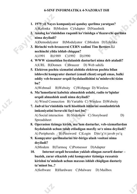 ktron pochta xizmatini alohida elektron pochta bilan ishlovchi kompyuter dasturi (email client) orqali emas, balki oddiy veb-brauzer orqali foydalanilishini ta’minlovchi tizim bu? a)webmail b)websity c)webpage d) wireless 6. ma’lumotlarni kabelsiz almashish uslubi, radio to‘lqinlar orqali almashish usuli nima deyiladi? a) wired connection b) variable c) wireless d)websity 7. jadval ko‘rinishida turli hisoblash ishlarini osonlashtirish imkoniyatini beruvchi fayl turi bu? a) social interaction b) slideshow c) storyboard d) spreadsheet 8. operasion tizimga kirish, ma’lum dasturlar, veb-xizmatlardan foydalanish uchun talab etiladigan maxfiy so‘z nima deyiladi? a) peripherals b) password c)login d)to’g’ri javob yo’q 9. kompyuter qurilmalarini bir-biriga ulash vositasi nima deyiladi? a)modem b)tarmoq c)protsessor d)adapter 10. internet orqali bexosdan yuklab olingan zararli dastur – buzish, zarar etkazish yoki kompyuter tizimiga ruxsatsiz kirishni ta’minlash uchun maxsus ishlab chiqilgan dasturiy ta’minot bu..? a)software b)hardware c)malware d) mailbox 1 2 3 4 5 6 7 8 9 10 b a d c a c d …