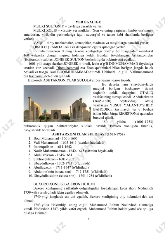 o‘nggi shayboniy pirmuhammad ham 1601-yilda samarqandda boqi muhammad bilan bo‘lgan jangda halok bo‘ldi. shayboniylar sulolasi barham topdi. shaybonilar sulolasi (1500-1601) 1. muhammad shaybonixon - 1500-1510 2. ko’chkunchixon - 1510-1530 3. abu saidxon - 1531-1533 4. ubaydullaxon - 1533-1539 5. abdullaxon i - 1539-1540 6. abdulazizxon (buxoroda) - 1540-1550 7. abdulatifxon (samarqandda) - 1540-1551 8. navro’z ahmadxon (baroqxon) - 1551-1556 9. pirmuhammadxon i - 1557-1561 10. iskandarxon - 1561-1583 11. abdullaxon ii - 1583-1598 12. abdulmo’minxon - 1598-1599 (6 oy) 13. pirmuhammadxon ii - 1599-1601 yer egaligi: mulki sultoniy – davlatga qarashli yerlar; mulki xolis – xususiy yer mulklari (xon va uning yaqinlari, harbiy-ma’muriy amaldorlar, yirik din peshvolariga iqto‘, suyurg‘ol va tanxo kabi shakllarda berilgan yerlar); vaqf – diniy mahkamalar, xonaqohlar, madrasa va masjidlarga qarashli yerlar; qishloq jamoalari va dehqonlari egalik qiladigan yerlar. pirmuhammadxon ii ning buxoro xonligidagi obro‘yi bo‘lmaganidan mamlakat 1601-yilgacha chuqur inqiroz holatiga keldi. bundan foydalangan ashtarxoniylar (hojitarxon) sulolasi …