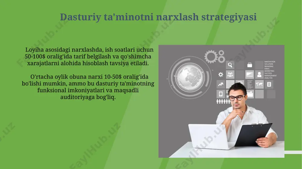 'lumotlarni himoya qilish to'g'risidagi qonunlar (gdpr kabi) buzilishi uchun jarima miqdori millionlab dollarlarga yetishi mumkin va kompaniyaning obro'siga jiddiy zarar yetkazishi mumkin. dasturiy ta'minot litsenziyalashining 3 xil asosiy turi mavjud bo'lib, ular gpl, mit va apache litsenziyalari hisoblanadi va har biri turli xil huquqiy cheklovlarni o'z ichiga oladi. kelajakdagi trendlar va istiqbollar bulut texnologiyalari va serversiz funksiyalar bozor ulushining 2030-yilga kelib 70% ga yetishi kutilmoqda, bu esa biznes-modellarni o'zgartirish va xarajatlarni kamaytirish imkonini beradi. sun'iy intellekt va mashinani o'rganish texnologiyalari yordamida dasturiy ta'minotni ishlab chiqarish va qo'llab-quvvatlash jarayonlari 2025-yilga borib 30% ga tezlashadi, bu esa samaradorlikni oshirishga olib keladi. e'tiboringiz uchun rahmat @taqdimot_robot image1.jpg image2.jpg image3.jpg image4.jpg image5.jpg image6.jpg image7.jpg image8.jpg image9.jpg image10.jpg image11.jpg image12.jpg