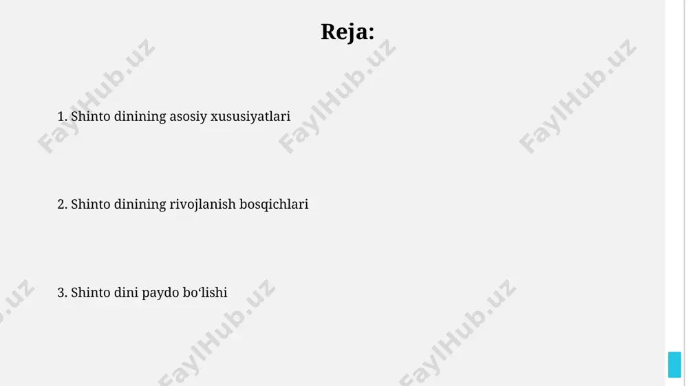 iqdir. shinto va imperator oilasi япония императорининг оилавий тарихига кўра, уларнинг 2600 йиллик бошқарувида, шинто маъбудлари ва императорлар ўртасидаги муқаддас алоқа мавжудлиги таъкидланган. императорлик оиласи 7-асрдан бошлаб, кўбе шаҳридаги исе яқинидаги маъбадлар орқали шинто дини ривожида муҳим роль ўйнаган. meiji davrida shinto dini rivojlanishi meiji restavratsiyasi natijasida, 1870-yillarda shinto va buddizm rasman ajratildi, bu shinto dini uchun mustaqil rivojlanish imkoniyatini yaratdi va yaponiyaning turli mintaqalarida, xususan kioto va edo (tokio)da, uning ta’siri kuchaydi. meiji davrida, sinto qadriyatlari, masalan, kamisamaga sig‘inish va imperatorga sadoqat kabi tushunchalar, mamlakat bo‘ylab tarqatilgan 80 000 dan ortiq ma’badlar orqali milliy birdamlikni mustahkamlashga xizmat qildi. shinto dini kelib chiqishi haqida qisqacha ma'lumot shinto dini miloddan avvalgi 3-asrda yaponiyaning asosiy orollarida, xususan kyushu va honshu hududlarida, mahalliy animistik e'tiqodlar va tabiatga sig'inish marosimlari asosida shakllana boshlagan. shinto'ning asosiy xudosi – amaterasu, quyosh ma'budasi bo'lib, 8-asrda tuzilgan "kojiki" va "nihon shoki" kabi muqaddas matnlarda uning kelib chiqishi va …