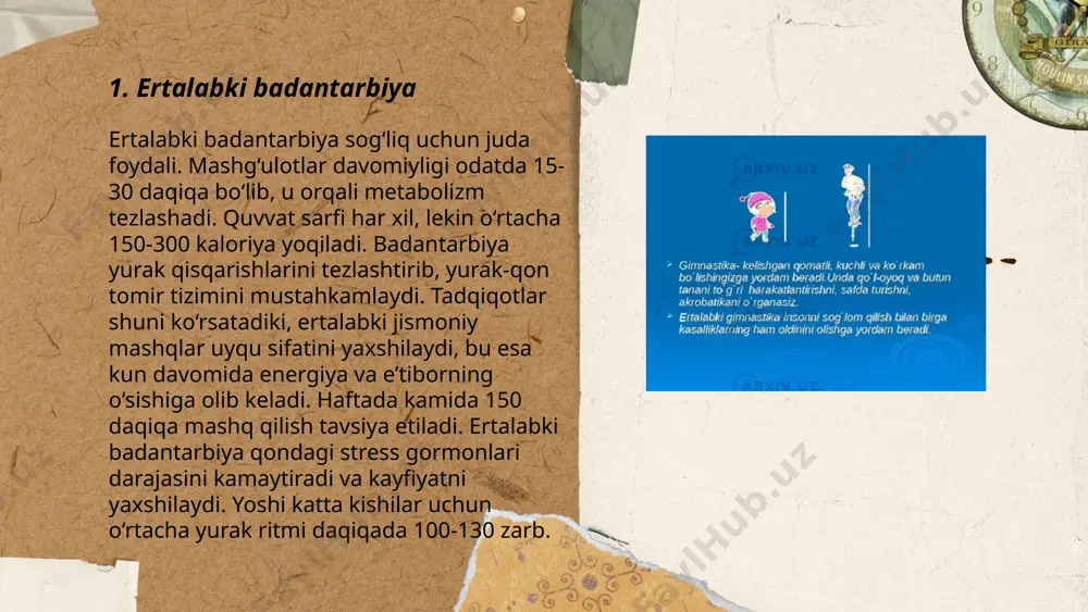 shi va sog'lig'ini mustahkamlashga qaratilgan dasturdir. ushbu rejada har haftada 3-4 soatlik mashg'ulotlar o'tkazilishi ko'zda tutiladi. mashg'ulotlar davomida o'quvchilar yugurish, sakrash, gimnastika va sport o'yinlarini bajarishadi. reja bo'yicha, yillik baholashlar o'tkaziladi va ularda har bir o'quvchining natijalari nazorat qilinadi. badantarbiya rejasi davlat standartlariga asoslangan bo'lib, har xil yoshdagi o'quvchilar uchun maxsus moslashtirilgan dasturlarni o'z ichiga olishi mumkin. shu orqali bolalar sog'lom turmush tarziga o'rganadi va jismoniy faollik darajalari oshadi. ... t.me/slaydai_bot 7. nafas olish mashqlari nafas olish mashqlari sog‘lom turmush tarzini qo‘llab-quvvatlashda muhim ahamiyatga ega. ushbu mashqlar stressni kamaytirishi va kayfiyatni yaxshilashi mumkin. har kuni kamida 5-10 daqiqa davomida nafas olishga vaqt ajratish tavsiya etiladi. mashqlarni boshlash uchun chuqur nafas olib, 4 soniya mobaynida uni ushlab turish, so‘ng 6-8 soniya davomida sekin chiqarish kerak. shuningdek, ko‘krak va qorin bo‘shlig‘i nafasini almashlab bajarishga harakat qiling. bu jarayonda faol ishtirok etish organizmni kislorod bilan yaxshiroq ta’minlaydi, qon aylanishini yaxshilaydi va xotirjamlik hissini …