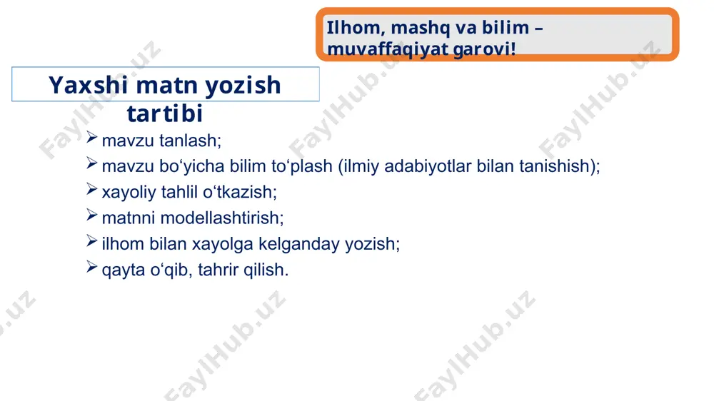 lishik va zamonda bo‘lsa, ularni bo‘lish shart, mazmuni farq qilsa ham; ergash gapli qo‘shma gaplar matnni tushunishni qiyinlashtiradi. maqolani rasmiylashtirish yuzasidan tavsiyalar takrorga yo‘l qo‘ymang! bitta gapda imkon qadar bitta o‘zakni bir marta ishlating. ba’zi gaplar mustasno; tavtologiya faqat gap emas, abzas ichida ham bo‘lishi mumkin. yonma-yon ishlatilgan gaplarda ham imkon qadar bir so‘zni takrorlamang; takrorlash zarur bo‘lsa, sinonim va olmoshlardan foydalaning: unifikasiya – tavtologiya emas. matning bir yerida aleksandr makedonskiy, boshqa joyida iskandar maqduniy deb yozmang. maqolani rasmiylashtirish yuzasidan tavsiyalar xulosa bajarilgan ishning ilmiylik darajasi sahifalarning miqdoriga qarab emas, mazmuniga qarab belgilanadi. ba’zan yuz sahifadan iborat asarni o‘qib, birorta yangi fikr topmaslik, aksincha, bir-ikki sahifadan iborat maqolada yangi fikr aytilganining guvohi bo‘lish mumkin. demak, birinchi galda mazmun uchun kurashish kerak. sh.rahmatullayev image1.png image2.png image3.png image4.png image5.jpeg image6.jpeg image7.jpeg