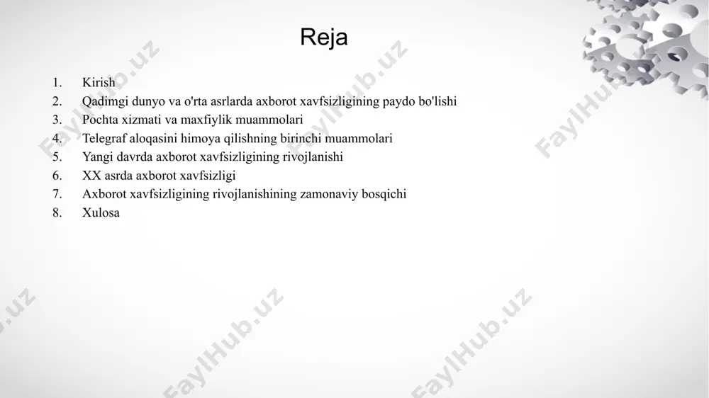 ter viruslarining paydo bo'lishiga olib keldi. zamonaviy davr (xx asr oxiridan hozirgi kungacha): ushbu bosqichda internetning global miqyosda tarqalishi, axborot texnologiyalarining jadal rivojlanishi va kiberhujumlarning ko'payishi. kiberxavfsizlik tushunchasining shakllanishi va shu kabi soha va mavzular keskin rivojlandi. ddos hujumlar, fishing, suniy intellekt ham dastlab shu davrda yaratilishni boshlagan. ushbu bosqichlar axborot xavfsizligining rivojlanishini umumiy tarzda ko'rsatib beradi. har bir bosqichda yangi texnologiyalar va tahdidlarning paydo bo'lishi axborotni himoya qilishning yangi usullarini ishlab chiqishga turtki bo'lgan. axborot xavfsizligi doimiy rivojlanishda bo'lgan soha bo'lib, yangi texnologiyalar va tahdidlarning paydo bo'lishi bilan yangi usullar va yechimlar yaratilishi davom etadi. skital shifri qadimgi yunonlar tomonidan ishlatilgan mexanik shifrlash usulidir. uning ishlashi uchun maxsus silindrsimon shakldagi tayoqcha ya’ni skital kerak boʻladi. shifrlash uchun ishlatiladigan skitalning diametri oldindan belgilanadi. bu diametr shifrlash kaliti vazifasini oʻtaydi. xabar matni uzunligi skitalning aylanasi boʻlgan lentaga yoziladi. lenta skitalga mahkam oʻraladi. lentaga yozilgan matn skitalga oʻralgan holda oʻqiladi. harflar tartibsiz …