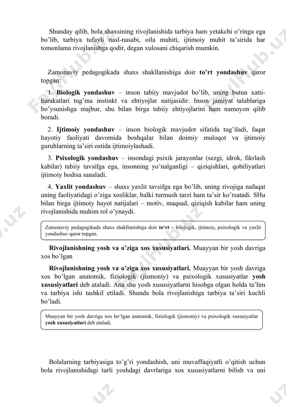 dlik usulini birinchi navbatda borliqni anglab etish sifatida tushunish lozim. ikkinchidan, mazkur mavjudlik usulini uzluksiz ravishda o’z-o’zi, boshqalar va boshqa madaniyatlar bilan muloqot tarzi sifatida aniqlashtirish maqsadga muvofiqdir. shaxsga ijtimoiy muhitning ta’siri ham muhim. bu tarbiya orqali amalga oshiriladi. birinchidan, tarbiya ta’sirida muhit bera olmagan bilim, ma’lumot egallanadi, mehnat va texnik faoliyat bilan bog’liq ko’nikma va malakalar hosil bo’ladi. ikkinchidan, tarbiya tufayli tug’ma kamchiliklar ham o’zgartirilib, shaxs kamolga etadi. uchinchidan, tarbiya yordamida muhitning salbiy ta’sirini ham yo’qotish mumkin. to’rtinchidan, tarbiya kelajakka qaratilgan maqsadni belgilaydi. demak, tarbiya bilan rivojlanish bir-biriga ta’sir etadi, bu tarbiya doimiy va uzluksizdir. shunday qilib, bola shaxsining rivojlanishida tarbiya ham yetakchi o’ringa ega bo’lib, tarbiya tufayli nasl-nasabi, oila muhiti, ijtimoiy muhit ta’sirida har tomonlama rivojlanishga qodir, degan xulosani chiqarish mumkin. zamonaviy pedagogikada shaxs shakllanishiga doir to’rt yondashuv qaror topgan: 1. biologik yondashuv – inson tabiiy mavjudot bo’lib, uning butun xatti-harakatlari tug’ma instinkt va ehtiyojlar natijasidir. inson jamiyat …