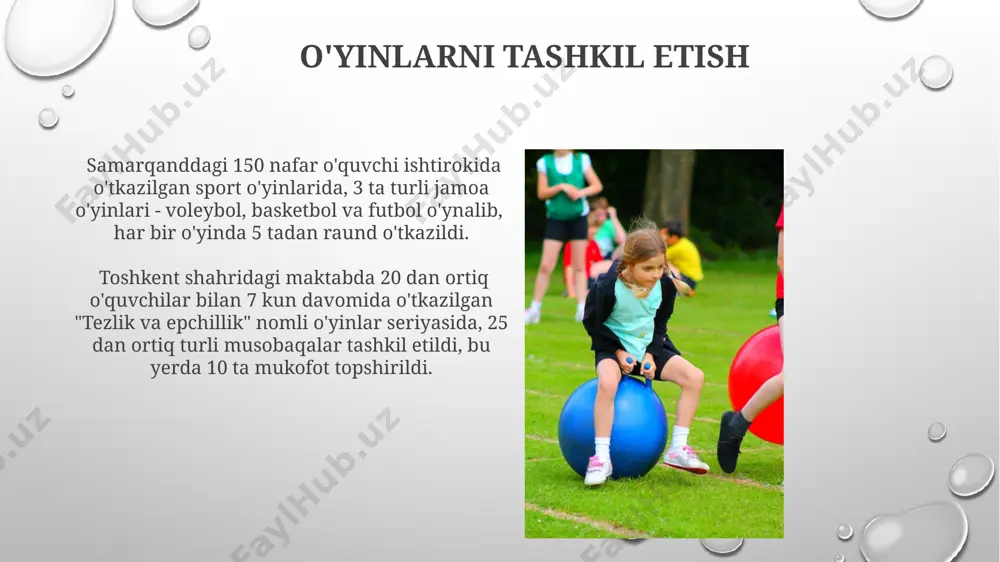 o'yinlar natijasida ijtimoiylashuv ko'rsatkichlari 25% va o'z-o'zini boshqarish qobiliyati 18% ga o'sgan. samarqanddagi maktablarda o'tkazilgan sinovlarda, muntazam ravishda sport o'yinlarida ishtirok etgan o'quvchilarning 70% da o'qishdagi natijalari 10 ballga yaxshilandi va stress darajasi 20% ga kamaydi. ota-onalar va murabbiylar roli andijon viloyatida o'tkazilgan tadqiqotlar shuni ko'rsatdiki, ota-onalar va murabbiylar o'rtasidagi 3 dan ortiq muloqot bolaning o'yinlardagi faol ishtirokini 20% ga oshiradi. ota-onalar bolalarni 5-7 yoshdan boshlab, masalan, samarqanddagi sport maktablariga yozib, turli jamoaviy o'yinlarga jalb qilishlari, ularning jismoniy va aqliy rivojlanishiga ijobiy ta'sir ko'rsatadi. individual o'yinlar shaxmat kabi mantiqiy individual o‘yinlar, 6 yoshdan 16 yoshgacha bo‘lgan bolalar uchun ajoyib intellektual mashq bo‘lib, muammolarni hal qilish qobiliyatini va strategik fikrlashni rivojlantiradi, masalan, toshkentdagi shaxmat maktablarida. individual o‘yinlar, masalan, 100 metrga yugurish yoki uzunlikka sakrash kabi atletika turlari, o‘quvchilarning jismoniy tayyorgarligi va tezkorligini oshirishga yordam beradi, bu esa ularning sog‘lom turmush tarziga hissa qo‘shadi. qo'shimcha mashg'ulotlarning faol o'yinlari qo'shimcha mashg'ulotlardagi faol o'yinlar, …