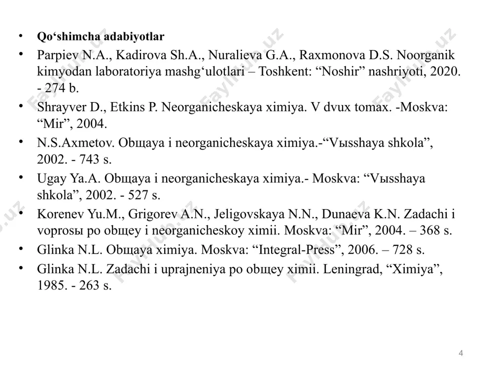 cl3, hgcl2, cucl2) xlorid kislota 16 cl2o qizdirilganda portlaydi: 2cl2o = 2cl2 + o2 cl2o suvda hclo: cl2o+h2o= 2hclo kuchsiz kislota (k=5*10-8). hclo= hcl+o gipoxloritlar: 2naoh+cl2= nacl + naclo+h2o katalizatorsiz : 3ксlo = kclo3 + 2kcl 1792 y. parijda ( javel suvi ) bertole gaz holatdagi xlorni: 2кон + сl2 = ксl + kclo + h2o cl2 + 2k2co3 + h2o = kclo + kcl + 2khco3 са(он)2 + cl2 = caclocl + h2o caclocl parchalanishi: саclocl + co2 = caco3 + cl2 xlorning kislorodli birikmalari 17 inorganic chemstry tphi s + 2cl2o = 2cl2 + so2 cl2o + 6naон = 4nacl + 2naclo3 + 3h2o hclo va tuzlari oksidlovchilar. 3ксlo + 4kmno4 + 2h2o = 4mno2 + 3kclo3 + 4koh 2сaclocl + h2o + co2 = cacl2 + caco3+ 2hclo hclo → hcl + o cl2o olinishi: 2сl2 + hgo = hgcl2 + cl2o xlor (iv) oksid – clo2. …