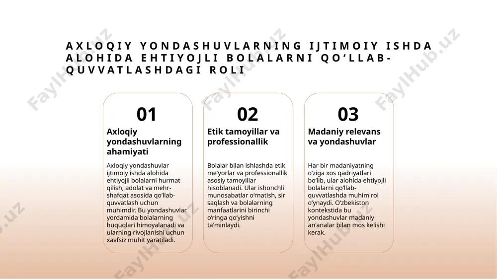 ash va oldini olish uchun samarali strategiyalarni ishlab chiqadi. madaniyat va qadriyatlar himoya mexanizmlarining samaradorligini belgilaydi. ular bolalarning madaniy ehtiyojlariga mos keladigan himoya usullarini shakllantiradi. zamonaviy texnologiyalar va pedagogik metodlar himoya mexanizmlarini kuchaytiradi. ular bolalar xavfsizligini ta'minlashda innovatsion yechimlarni joriy qiladi. uzbekistan sharoitida inkluziv ta'limni rivojlantirishda axloqiy yondashuvlar va madaniyatning ahamiyati 1 madaniy meros o'zbekistonning madaniy qadriyatlari va an'analari inkluziv ta'limda muhim rol o'ynaydi, axloqiy yondashuvlar va madaniyatni birlashtiradi. 2 axloqiy qadriyatlar axloqiy qadriyatlar, adolat va hurmat asosida, bolalar bilan ishlashda professionallik va mas'uliyatni ta'minlaydi, inkluziv muhitni rivojlantiradi. 3 madaniy moslashuv madaniy relevans va moslashuv, o'qitish metodlarini mahalliy ehtiyojlarga moslashtirishga yordam beradi, inkluziv ta'limni kengaytiradi. 4 himoya va xavfsizlik madaniyat va axloqiy qadriyatlar asosida himoya mexanizmlari ishlab chiqiladi, bolalarning xavfsizligi va huquqlarini ta'minlashga yordam beradi. o'zbekistonda inkluziv ta'limni amalga oshirishda axloqiy yondashuvlarning asosiy tamoyillari 1 jamiyat bilan hamkorlik inklusiv ta'limda jamiyat va oila bilan hamkorlik muhimdir, bu bolalarning ehtiyojlarini tushunish …