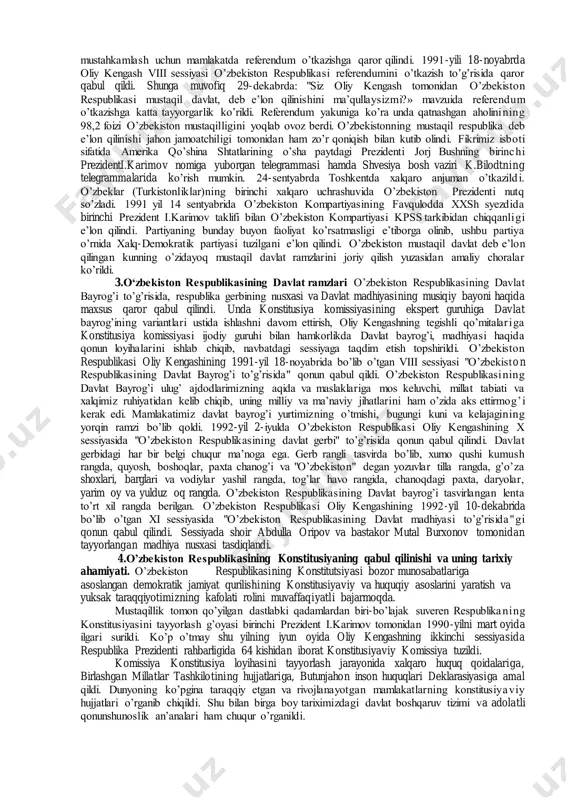 ik va o’ta siyosatlashtirilgan mafkura hukmronligidan qutulish, milliy ma’naviyatni shakllantirish. halqaro munosabatlar sohasida: butun dunyo taraqqiyotidan ajralib qolishdan, o’zni chetga olishdan va unga qarshi turishdan voz kechish, jahon hamjamiyatiga kirib borish va teng huquqli hamkorlikka yo’l ochish. islohotlarning mazkur asosiy yo’nalishlari orqali respublikamizda amalga oshirilayo tgan o’zgarishlarning murakkabligi va ulkan miqyoslarini tasavvur qilish mumkin. o’zbekiston o’z taraqqiyot yo’lini o’z xalqi tarixi va uning ongi-ruhiyatidan, aniq sharoitlaridan kelib chiqib tanladi. bu modelning mohiyati o’zbekiston respublikasi prezidenti i.a.karimov tomonidan ishlab chiqilgan islohotlarning besh tamoyilida ta’riflab berildi. mamlakatimiz aholisi uz davlat mustaqilligining yigirma to’rt yilligini butun jahon jamoatchiligi bilan tantanali ravishda nishonlayotgan bugungi kunda, to’la ishonch bilan aytish mumkinki, bu yo’l tajriba sinovidan o’tdi. tarixan qisqa, ammo zafarli natijalarga boy bo’lgan taraqqiyotimiz, tanlangan modelning to’griligini isbotladi. ma’lumki, taraqqiyotning “o’zbek modeli”ning mohiyati asosiy g’oyalari eng dastlab davlatimiz rahbarining “o’zbekistonning o’z istiqlol va taraqqiyot yo’li” nomli fundamenta l asarida ko’rsatib o’tilgan edi. keyinchalik mazkur taraqqiyot …