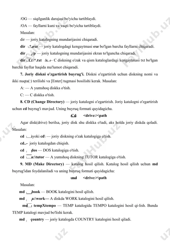 buyrug'idan foydalaniladi va uning buyruq formati quyidagicha: md \path masalan: md book — book katalogini hosil qilish. md a:\work— a diskda work katalogini hosil qilish. md tempxtempo — temp katalogida tempo katalogini hosil qi-lish. bunda temp katalogi mavjud bo'lishi kerak. md country — joriy katalogda country katalogini hosil qiladi. md c:\lexicon\text — c diskning lexicon katalogida text qism katalogini hosil qiladi. 10. rd (remove directory) — katalogni yo'qotish. katalogni yo'qo-tish rd buyrug'i orqali amalga oshiriladi. bu buyruqning ishlashi uchun katalog bo'sh bo'lishi kerak. uning buyruq formati quyidagicha: rd \path masalan: rd record — joriy katalogdagi record katalogini yo'qotadi. rd \record — o'zak katalogdagi record katalogini yo'qotadi. rd a:\text\book — a— yumshoq diskning o'zak katalogdagi text katalogining book qism katalogini yo'qotadi. ba'zan kaialogni barcha fayllari va qism kataloglari bilan birga yo'qotishga to'g'ri keladi. bunday paytlarda deltree dasturidan foydalanish mumkin. uning buyruq formati quyidagicha: deltree filename or directory masalan: deltree temp — …