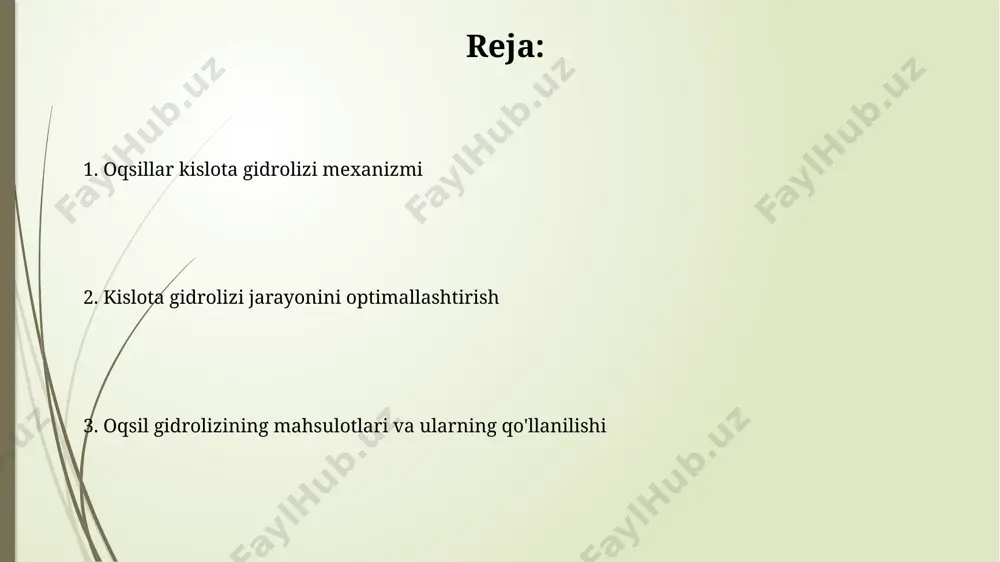 a, ba'zi aminokislotalar parchalanishi mumkin. haroratning oshishi bilan reaktsiya tezlashuv energiyasi (ea) kamayadi, bu esa gidroliz jarayonini tezlashtiradi, biroq optimal haroratni aniqlash muhim, chunki juda yuqori harorat nojo'ya mahsulotlar hosil bo'lishiga olib kelishi mumkin. reaksiya mexanizmi reaksiya tezligi kislota konsentratsiyasi va haroratga bog'liq bo'lib, yuqori konsentratsiyalar va yuqori haroratlar tezlashtiruvchi ta'sir ko'rsatadi, lekin 110°c dan yuqori haroratlarda aminokislotalarning parchalanishi mumkin. kuchli kislotali muhitda (masalan, 6m hcl), peptid bog'lanishlari protonlanadi, bu esa ularning nukleofil hujumiga moyilligini oshiradi va gidroliz jarayonini tezlashtiradi. vaqtning ta'siri optimal gidroliz vaqti protein tuzilishi va tarkibiga bog'liq bo'lib, odatda 12-48 soat oralig'ida o'zgarib turadi. gidrolit vaqtining 72 soatgacha uzayishi ba'zi aminokislotalarning yanada ko'proq parchalanishiga olib kelishi va natijada aniqlanish darajasining pasayishiga olib kelishi mumkin. oziq-ovqat sanoatida qo'llanilishi oziq-ovqat sanoatida protein gidrolizatlari 20-30% gacha aminokislotalar miqdorini o'z ichiga olgan funktsional oziq-ovqat mahsulotlarini ishlab chiqarishda qo'llaniladi. sut mahsulotlarida, 5-10% miqdorida qo'shilgan protein gidrolizatlari, mazza va ozuqaviy qiymatni oshirib, mahsulotning …