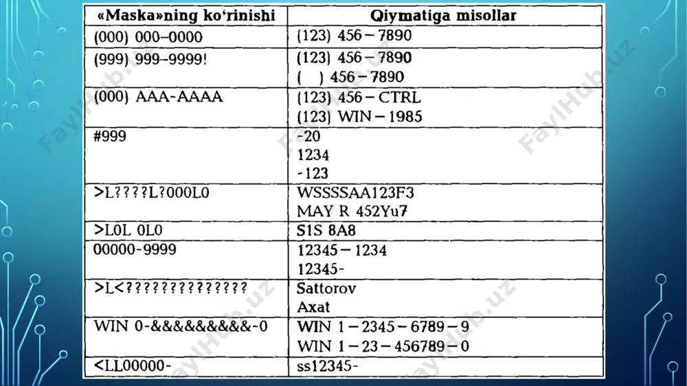 jadvallar bilan ishlash. yangi jadvalni master yordamida yaratish. - Page 5