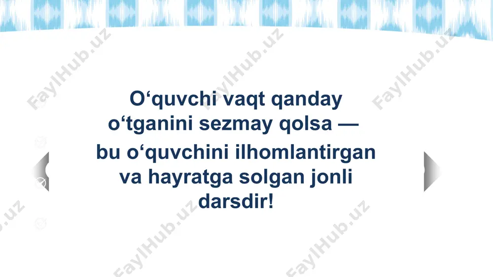 ammoni hal qilish orqali bilimga ega bo‘lishini nazarda tutadigan yondashuvdir. o‘quvchi muammoni tahlil qiladi, yechim izlaydi va o‘z bilimlarini mustaqil rivojlantiradi. loyihaga asoslangan ta’lim — bu o‘quvchilar muayyan bir mavzu yoki muammo bo‘yicha loyiha ishlab chiqish orqali bilim va ko‘nikmalarni egallaydigan yondashuvdir. o‘rganish jarayoni real hayotga yaqin topshiriqlar asosida amalga oshiriladi. 8 1 2 3 4 muammo tahlil izlanish yechim muammoga asoslangan ta’lim real holatga asoslanadi sabab va oqibatlar o‘rganiladi tajriba, kuzatuv, izlanish ilmiy tushuncha hosil bo‘ladi muammoga asoslangan ta’lim — bu o‘quvchilarning real yoki hayotga yaqin muammoni hal qilish orqali bilimga ega bo‘lishini nazarda tutadigan yondashuvdir. o‘quvchi bilimni tayyor holda emas, muammoni hal qilish orqali oladi. topshiriq: “to‘xtab qolgan dars” shakli: guruh ishi vaziyat: siz darsni boshlab, “reaksiya tezligiga ta’sir etuvchi omillar”ni tushuntirayotgan edingiz. ammo o‘quvchilardan biri: “bu narsa hayotda nima uchun kerak? qanday foydasi bor?” — deb savol berdi. darsdagi dinamika to‘xtab qoldi. vazifa: 3 daqiqa ichida quyidagilarni …