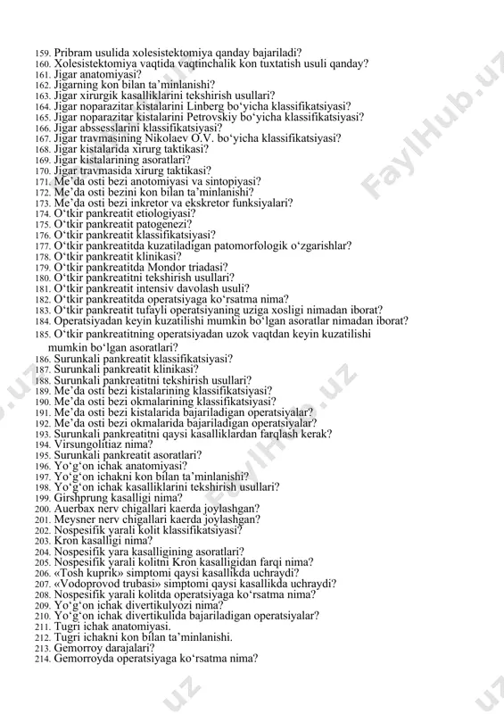 sintopiyasi? 113. kalkonsimon bezni kon bilan ta’minlanishi? 114. kalkonsimon bez fiziologiyasi? 115. kalkonsimon bez kasalliklarini penchev bo‘yicha klassifikatsiyachi? 116. kalkonsimon bez kattalashishining nikolaev bo‘yicha klassifikatsiyasi? 117. kalkonsimon bez kattalashishining bjsst bo‘yicha klassifikatsiyasi? 118. kalkonsimon bez kasalliklarini tekshirish usullari? 119. diffuz toksik bukok klinikasi va simptomlari? 120. tireotoksikoz darajalari? 121. diffuz toksik bukok bilan ogrigan bemor qanday operatsiyaga tayyorlanadi? 122. strumektomiya turlari? 123. operatsiya vaqtida kuzatilishi mumkin bo‘lgan asoratlar? 124. operatsiyadan keyin kuzatilishi mumkin bo‘lgan asoratlar? 125. tireotoksik krizdan bemorni chiqarish choralari qanday? 126. ut yullari anatomiyasi? 127. o‘t tosh kasalligining patogenezi? 128. savelev v.v. bo‘yicha o‘t tosh kasalligining klassifikatsiyasi? 129. o‘t tosh kasalligining dispeptik belgilari? 130. o‘t tosh kasalligini noinvaziv tekshirish usullari? 131. o‘t tosh kasalligini invaziv tekshirish usullari? 132. o‘t tosh kasalligining asoratlari? 133. o‘t yullari konkrementlarining xarakteri? 134. o‘t tosh kasalligini operativ davolash usullari? 135. laparoskopik xolesistektomiga ko‘rsatma va karshi ko‘rsatma? 136. minilaparotom xolesistektomiga ko‘rsatma va karshi ko‘rsatma? …