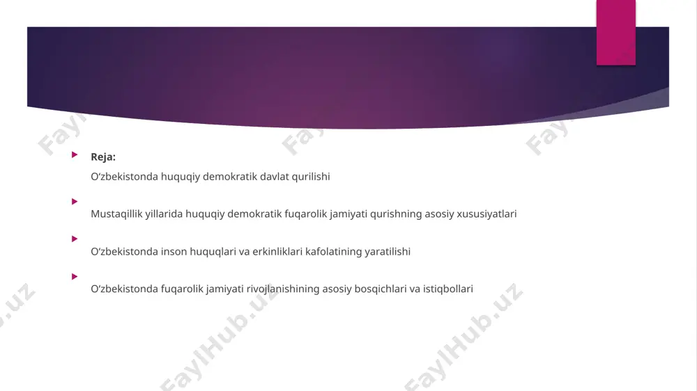 xoli bo‘lgan xususiy shaxslar, guruhlar va institutlarning tizimi... fuqarolik jamiyatini mam­lakatdagi davlat-hokimiyat tuzilmalari doirasiga kirmaydigan nosiyosiy ijtimoiy munosabatlar yig‘indisi sifatida ta’riflash mumkin»4 huquqiy davlat fuqarolik jamiyati shaklidir va davlat huquqiy bo‘lnshi uchun kuchli, hayot kechirib keta oladigan, erksevar, har qanday antidemokratik avtoritar tajivuzlarga qarshilik ko‘rsata oladigan jamiyat bo‘lish« kerak. buning o‘chun esa avvalo davlat hokimiyatini demokratiya, o‘znni o‘zi boshqarish va xalqning to‘la hokimligi prinsiplari asosida qayta tashkil etish zarur. huquqiy davlatga borish yo‘lida, avvalo jamiyatga ma’muriy buyruqbozlik bilan rahbarlik qilishni, byurokratizmni, saylab qo‘yiladigan organlar ustidan ijro etuvchi organlar hukmronligini, shaxsning, jamoalarning siyoeiy jihatdan o‘z-o‘zini ifodalash shakllarining rivojlanmaganligani yengib o‘tish, odamlarning davlatga bo‘lgan munosabatlarini (unga doimo zo‘ravonlik, majburlash apparati deb qarab kelingan edi) qayta ko‘rib chiqish zarur. foydalanilgan adabiyotlar arxiv. uz sayti . image1.jpeg /docprops/thumbnail.jpeg