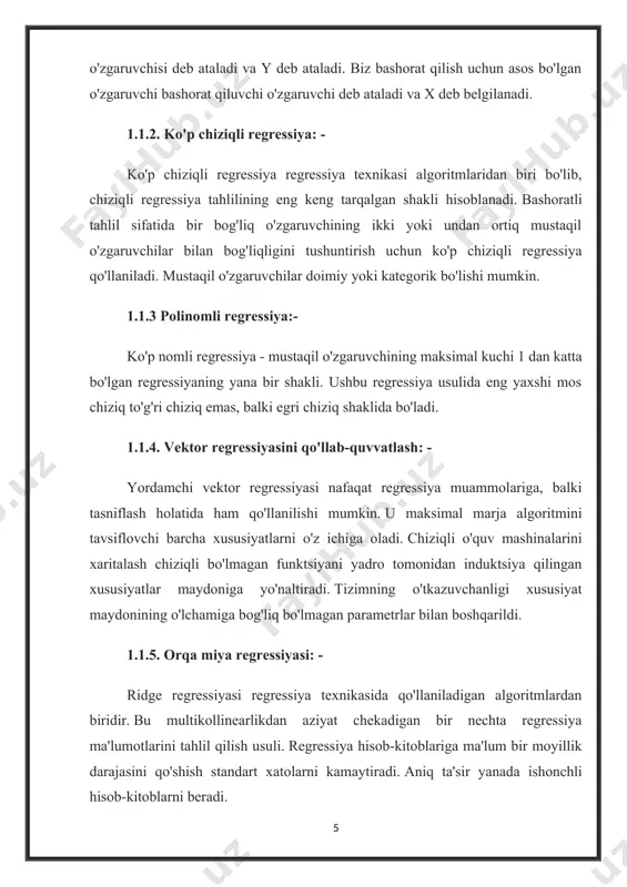 h uchun qulay mashinani o'rganish algoritmi bo'lib, hatto giperparametrlarni sozlashsiz ham yaratadi. bundan tashqari, ushbu algoritm soddaligi va regressiya va tasniflash muammolari uchun ishlatilishi mumkinligi tufayli keng qo'llaniladi. u quradigan o'rmon qaror daraxtlari ansambli bo'lib, ko'pincha "qadoqlash" usuli bilan o'qitiladi. 1.2. tasniflash: - tasniflash - bu yorliqlangan ma'lumotlardan foydalanish mumkin bo'lgan va bu ma'lumotlardan doimiy bo'lmagan tarzda bashorat qilish uchun foydalaniladigan nazorat ostida o'rganish turi. axborot chiqishi har doim ham uzluksiz emas, grafik esa chiziqli emas. tasniflash usulida algoritm unga berilgan ma'lumotlarni hisobga oladi va keyin bu o'rganishdan yangi kuzatishlarni tasniflash uchun foydalanadi. ushbu ma'lumotlar to'plami oddiygina ikki sinfli yoki ko'p sinfli bo'lishi mumkin. misol: - tasniflash bilan bog'liq muammolarning bir misoli, turli spam so'zlar yoki elektron pochta xabarlari uchun algoritmni o'rgatish orqali elektron pochta spam yoki yo'qligini tekshirishdir. tasniflash algoritmlarining turlari: - mashinani o'rganishda turli tasniflash ilovalari uchun ishlatiladigan ko'plab tasniflash algoritmlari mavjud. quyida asosiy tasniflash algoritmlari keltirilgan: 1.2.1.logistik …