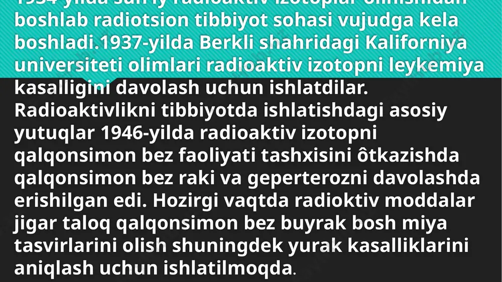 poloniy va radiy) ni kashf etdilar. e. rezerford va yuqorida nomlari zikr etilgan olimlarning kuzatishlari natijasida radioaktiv moddalar oʻzidan uch xil koʻrinishdagi (a, r va u)nurlarni chiqarishi aniqlandi va bu nurlarning tabiati oʻrganildi: anurlar ikkita musbat zaryadga ega boʻlgan geliy atomining yadrosidan iborat; nurlar manfiy zaryadga ega boʻlgan elektronlardan iborat; unurlar rentgen nurlariga oʻxshaydigan elektromagnit nurlanishdir. radiatsion himoya, radiatsion xavfsizlik — radioaktiv moddalar va boshqa ionlovchi nurlanish manbalari bilan ishlaganda xavfsizlikni taʼminlovchi tadbirlar majmui. radiobiologiya, yadro fizikasi, kosmik biologiya, kosmik tibbiyot va boshqa fanlar yutuqlariga asoslanadi. radiatsion himoyaning asosiy maqsadi — biosferaning radioaktiv moddalar bilan ifloslanishiga yoʻl qoʻymaslik, odam va hayvonlar organizmini (mas, kosmos sharoitida) zararli nurlanishlardan asrash va h.k. zararli nurlanishlarning organizmga biologik taʼsiri haqidagi maʼlumotlar radiatsion himoya yoki radiatsion xavfsizlik meʼyorlarini ishlab chiqish uchun asos boʻladi (qarang dozimetriya). nur kasalligi – ionlovchi nurlarning organizmga taʼsir etishida yuzaga keladigan kasallik . nur kasalligi butun gavda yoki uning kattagina qismi …