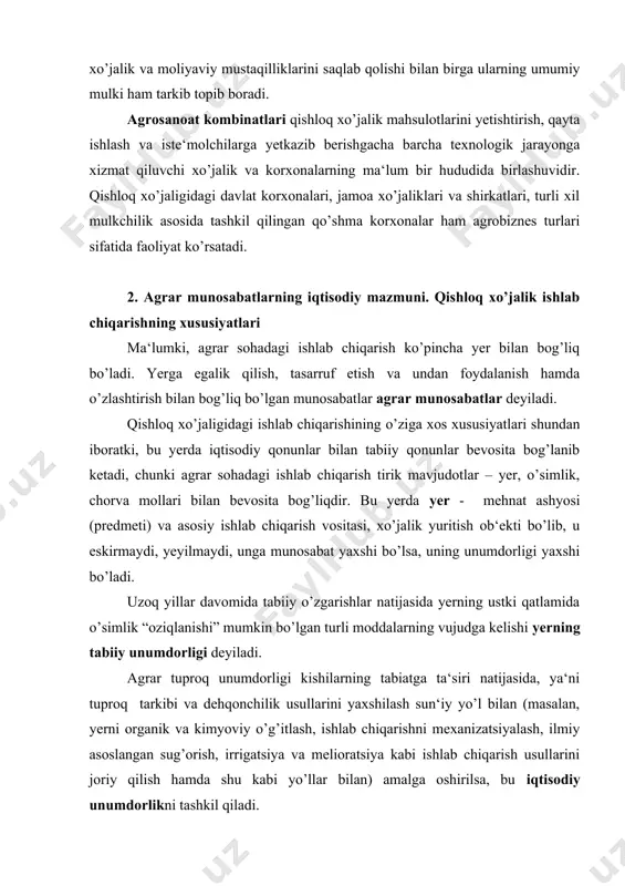 gan asoslardagi yoki qonun hujjatlarida belgilangan tartibdagi egalik huquqini tan olinishini bildiradi. yerga egalik kishi deganda avvalo yerga bo’lgan mulkchilik va uni iqtisodiy jihatdan realizatsiya qilish ko’zda tutiladi. yerga egalikni yeri bo’lgan mulkdor yoki davlat amalga oshiradi. yerdan foydalanish huquqi – bu o’rnatilgan urf-odatlar yoki qonuniy tartibda undan foydalanishni bildiradi. qishloq xo’jaligi ishlab chiqarishda ham to’rt omil – yer, kapital, tadbirkorlik qobiliyati, ishchi kuchi qatnashadi. bunda yer muhim ishlab chiqarish vositasi sifatida ishtirok etadi. bu omillarni barchasini harakatga keltirish ishchi kuchi omiliga bevosita bog’liqdir. kapital foyda yoki foiz, yer esa renta yaratadi degan tushunchalar – xato fikr-mulohazalardir, uni barchasini jonli mehnat egasi bo’lgan ishchi kuchi yaratadi. aytish mumkinki, ishchi kuchi - moddiy vositalarni harakat keltiruvchi ishlab chiqarishning ustuvor omilidir. 3. renta munosabatlari yer rentasi - yer egaligini iqtisodiy jihatdan amalga oshirish (realizatsiya qilish)ning shaklidir. yer rentasining bir qancha tarixiy ko’rinishlari mavjud. masalan, uch shaklida bo’lgan barshina (ishlab berish), obrok berish …