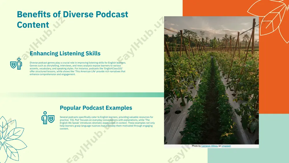 scussions. each format offers unique ways to engage listeners, making the content more relatable and impactful for language learners. for instance, interview formats allow learners to hear authentic conversations, enhancing their understanding of context and vocabulary usage. ### benefits of engaging audio engaging audio formats help increase listener retention and vocabulary acquisition. when content is presented in a captivating way, learners are more likely to stay engaged and absorb new terms effectively. moreover, the conversational tone often found in podcasts mimics real-life interactions, providing learners with practical language skills. ### examples of popular podcasts some popular podcasts that effectively use these audio formats include "the daily," which presents news in an engaging narrative style, and "stuff you should know," which features informative discussions on a variety of topics. these podcasts not only entertain but also enrich vocabulary, making them excellent resources for learners. photo by sélina farzaei on unsplash techniques …