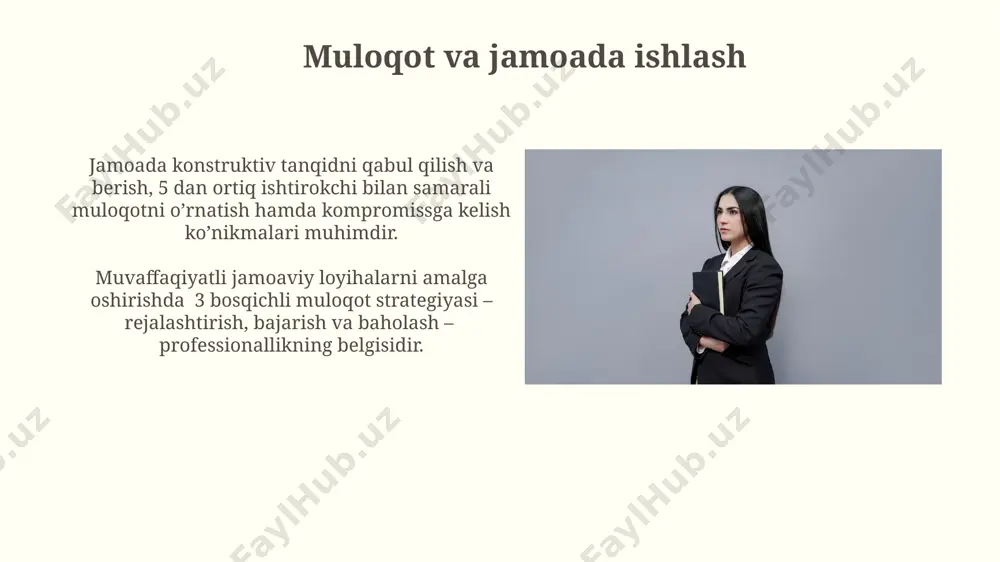 kompetentsiyaning mohiyati kasbiy kompetentsiyaning rivojlanishi davomiy o'quv jarayonini va kamida 2 ta yangi texnologiyalarni o'zlashtirishni talab qiladi, bu esa mutaxassisning raqobatbardoshligini 20% ga oshiradi. kasbiy kompetentsiya 3 ta asosiy tarkibiy qismdan – bilim, ko'nikma va malakadan iborat bo'lib, ularning har biri muayyan vazifalarni bajarish uchun zarur 10 dan ortiq ko'rsatkichlar bilan baholanadi. kasbiy kompetentsiyaning tarkibiy qismlari kasbiy kompetentsiyaning tarkibiy qismlariga 3 ta asosiy ko'nikma – muloqot qilish, muammo yechish va jamoada ishlash malakasi kiradi, ularning har biri 5 dan ortiq kichik ko'nikmalardan iborat. muvaffaqiyatli kasbiy kompetentsiya nafaqat nazariy bilimlarni (70%), balki amaliy ko'nikmalarni (30%) ham o'z ichiga oladi, bu ikkalasining muvozanati muhim. e'tiboringiz uchun rahmat @taqdimot_robot image2.jpg image3.jpg image4.jpg image5.jpg image6.jpg image7.jpg image8.jpg image9.jpg image10.jpg image11.jpg image12.jpg image13.jpg
