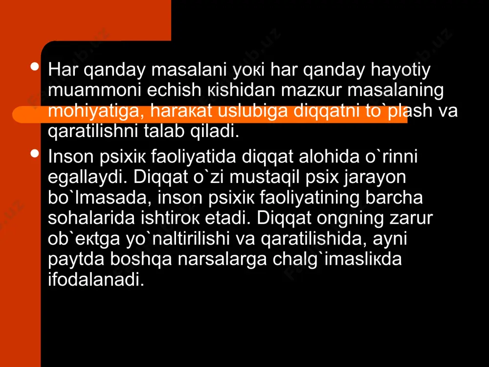 g qay darajada qaratilganligi bilan bog`liqdir. diqqat — ongimizning muayyan ob`ektga yo`naltiqilishi va unda to`planishidan iborat psixik holatdir. ongimiz yo`naltirilgan narsalar diqqatning ob`ekti deb ataladi. ob`ektiv voqelikdagi narsa va hodisalar, shuningdek, sub`ektiv kechinmalarimiz, taassurotlarimiz diqqat ob`ekti bo`lishi mumkin. diqqat aql, hissiyot va iroda singari mustaqil ong sohasini tashkil qilmaydi, u har bir ong funksiyasi bilan birgalikda namoyon bo`ladi; shaxs diqqat bilan idrok, tasavvur va tafakkur qiladi, diqqat bilan esda qoldiqiladi va esga tushiradi. diqqatda ongning voqelikka nisbatan tanlab munosabatda bo`lish hususiyati namoyon bo`ladi: biz biror ob`ektga diqqat qilar ekanmiz, ongimizda faqat shu ob`ektning o`zinigina aks ettirib, ayni vaqtda qolgan narsa hamda hodisalarni ong doirasidan chetda qoldiramiz. diqqatning fiziologik asosi qo`zgalish processining bosh miya yarim sharlar qobigining ayrim uchastkalarida to`planishi natijasida optimal qo`zgalish o`chog`ining hosil bo`lishi va ayni vaqtda manfiy indukciya qonuniga binoan miya qobigidagi boshqa nerv markazlarining ma`lum darajadagi tormozlanishidir. diqqat har qanday faoliyatimizning doimiy yo`ldoshidir. shuning uchun diqqatning inson …