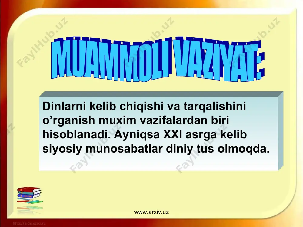 nyodan o’tadi. konfutsiy ilm tahsilini olgach, 19 yoshida uylanadi. birinchi marta u omborchi vazifasiga ishga tayinlanadi. u bir necha yillar davomida turli podshohlar qo’l ostida ishlagandan keyin yoshlarga ta’lim berishga kirishadi. yangi ustozning ong haqidagi fikrlari, chuqur ma’noli so’zlari mamlakat bo’ylab keng tarqaladi. shundan so’ng konfutsiy huzuriga mamlakatning turli mintaqalaridan ilmga chanqoq yoshlar oqib kela boshlaydilar. u ilm istab keluvchilarga hech qachon rad javobini bermas edi. konfutsiyning 3000 ga yaqin shogirdlari orasida 72 eng ko’zga ko’ringan izdoshlari orasida mamlakatning obro’li xonadonlaridan bo’lgan kishilar bilan bir qatorda kambag’al, oddiy kishilar ham bo’lgan. konfutsiy maktabi qadimgi xitoyda asta-sekin katta ta’sir doirasiga ega bo’lib bordi. uning ko’plab shogirdlari qadimgi xitoy podshohliklarida e’tiborli mansablarni egalladilar. konfutsiy yoshlar tarbiyachisi va ustozi sifatida keng shuxrat qozonib, ilk xitoy ma’rifatparvari nomiga sazovor bo’lgan bo’lsa, u tomonidan taklif qilingan islohotlarning amalga oshirilishida buning aksi bo’ldi. www.arxiv.uz www.arxiv.uz