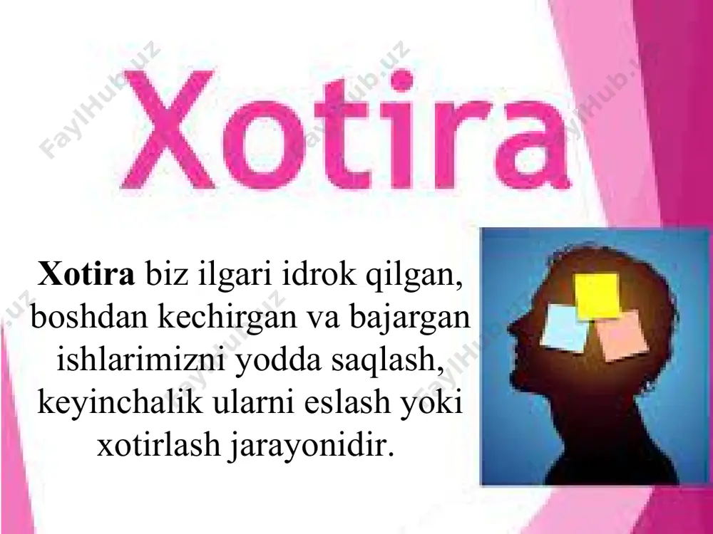 ) xotira. e.g‘oziev tahriri ostida chiqqan «umumiy psixologiya» o‘quv qo‘llanmasida xotira turlari quyidagicha klassifikatsiya qilingan ruhiy faoliyat qo‘zg‘atuvchisining sifatiga ko‘ra musiqiy eshitish xotirasi ruhiy faoliyatning inson yo‘nalishiga qarab fenomenal kasbiy harakat xotirasi – inson faoliyatining har bir turida ruhiy faollikning u yoki bu ko‘rinishlarini ustunlik qilishida kuzatiladi. his-tuyg‘u yoki hissiyot xotirasi –bu xotira his-tuyg‘ular, ruhiy kechinmalar, hissiyotlar, ehtiyojlarimiz va qiziqishlarimiz qanday qondirilayotganligidan, atrofimizdagi narsa va hodisalarning xususiyatiga nisbatan munosabatimiz qay tarzda amalga oshirilayotganligidan doimo xabar berib turish imkoniyatiga ega. obrazli xotira – yaqqol mazmunni, binobarin, narsa, hodisa-larning aniq obrazlarini, ularning xususiyatlari va bog‘lanishlarini esda qoldirish, ongda mustahkamlash hamda zaruriyat tug‘ilganida esga tushirishdan iborat xotira turiga aytiladi. so‘z-mantiq xotirasi mazmunini fikr va mulohazalar, aniq hukm hamda xulosa chiqarishlar tashkil etadi. ixtiyoriy xotira deganda ma’lum maqsadni ro‘yobga chiqarish uchun muayyan davrlarda aqliy harakatlarga suyangan holda amalga oshirilishidan iborat xotira jarayoni tushuniladi. ixtiyorsiz xotiraning turmushda va faoliyatda katta o‘rin egallashini har kim o‘z …