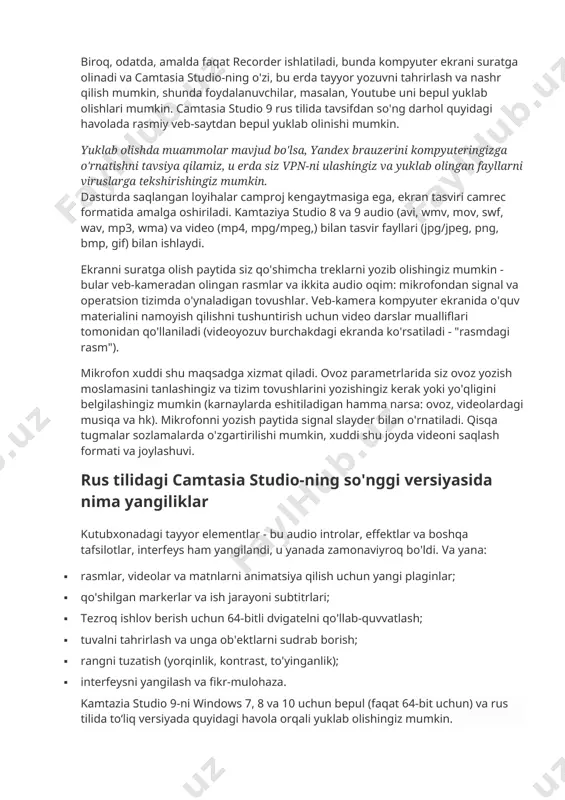 natishni tavsiya qilamiz, u erda siz vpn-ni ulashingiz va yuklab olingan fayllarni viruslarga tekshirishingiz mumkin. dasturda saqlangan loyihalar camproj kengaytmasiga ega, ekran tasviri camrec formatida amalga oshiriladi. kamtaziya studio 8 va 9 audio (avi, wmv, mov, swf, wav, mp3, wma) va video (mp4, mpg/mpeg,) bilan tasvir fayllari (jpg/jpeg, png, bmp, gif) bilan ishlaydi. ekranni suratga olish paytida siz qo'shimcha treklarni yozib olishingiz mumkin - bular veb-kameradan olingan rasmlar va ikkita audio oqim: mikrofondan signal va operatsion tizimda o'ynaladigan tovushlar. veb-kamera kompyuter ekranida o'quv materialini namoyish qilishni tushuntirish uchun video darslar mualliflari tomonidan qo'llaniladi (videoyozuv burchakdagi ekranda ko'rsatiladi - "rasmdagi rasm"). mikrofon xuddi shu maqsadga xizmat qiladi. ovoz parametrlarida siz ovoz yozish moslamasini tanlashingiz va tizim tovushlarini yozishingiz kerak yoki yo'qligini belgilashingiz mumkin (karnaylarda eshitiladigan hamma narsa: ovoz, videolardagi musiqa va hk). mikrofonni yozish paytida signal slayder bilan o'rnatiladi. qisqa tugmalar sozlamalarda o'zgartirilishi mumkin, xuddi shu joyda videoni saqlash formati va …